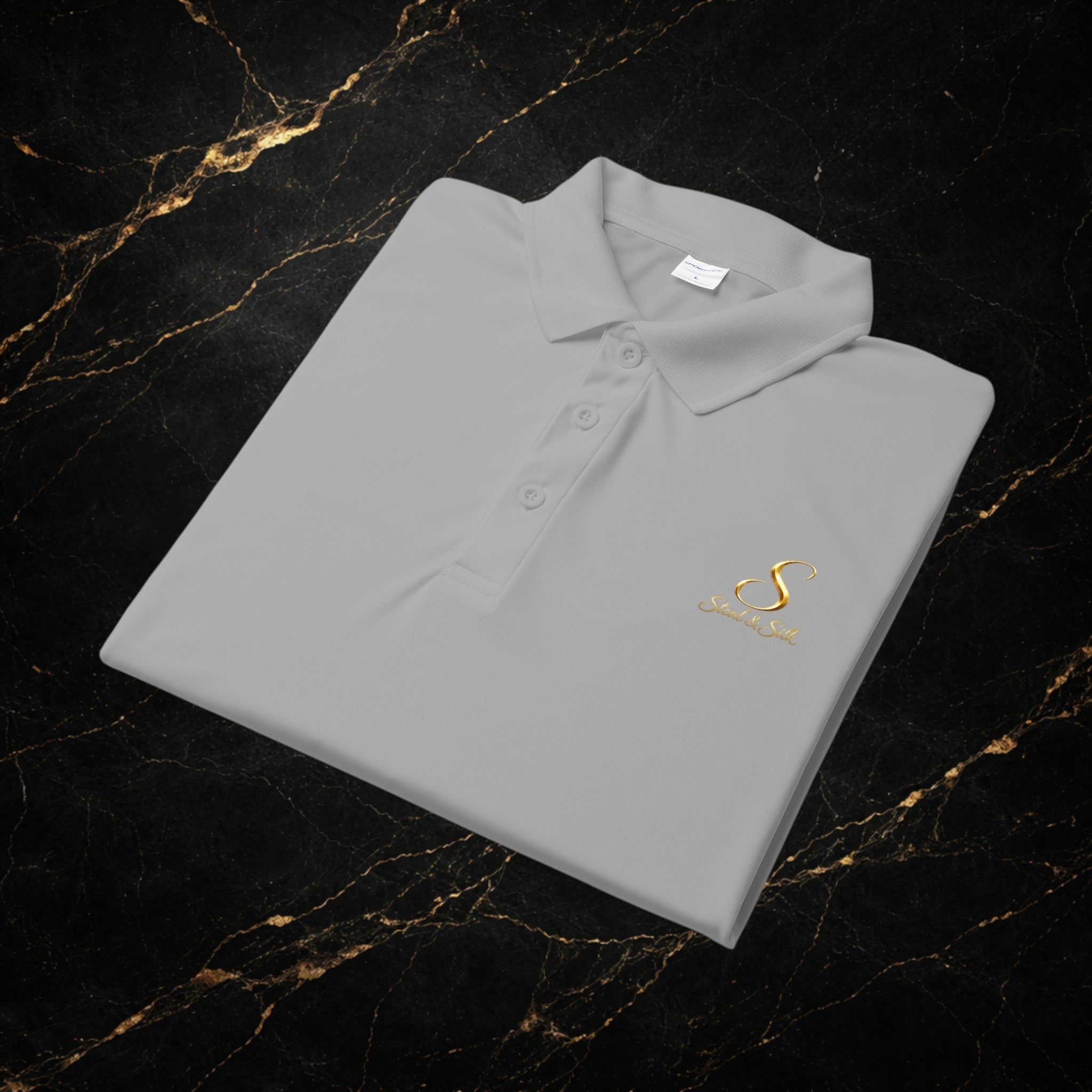 Steal & Silk Embroidered Gold “S” Performance Polo – Premium Athletic Fit