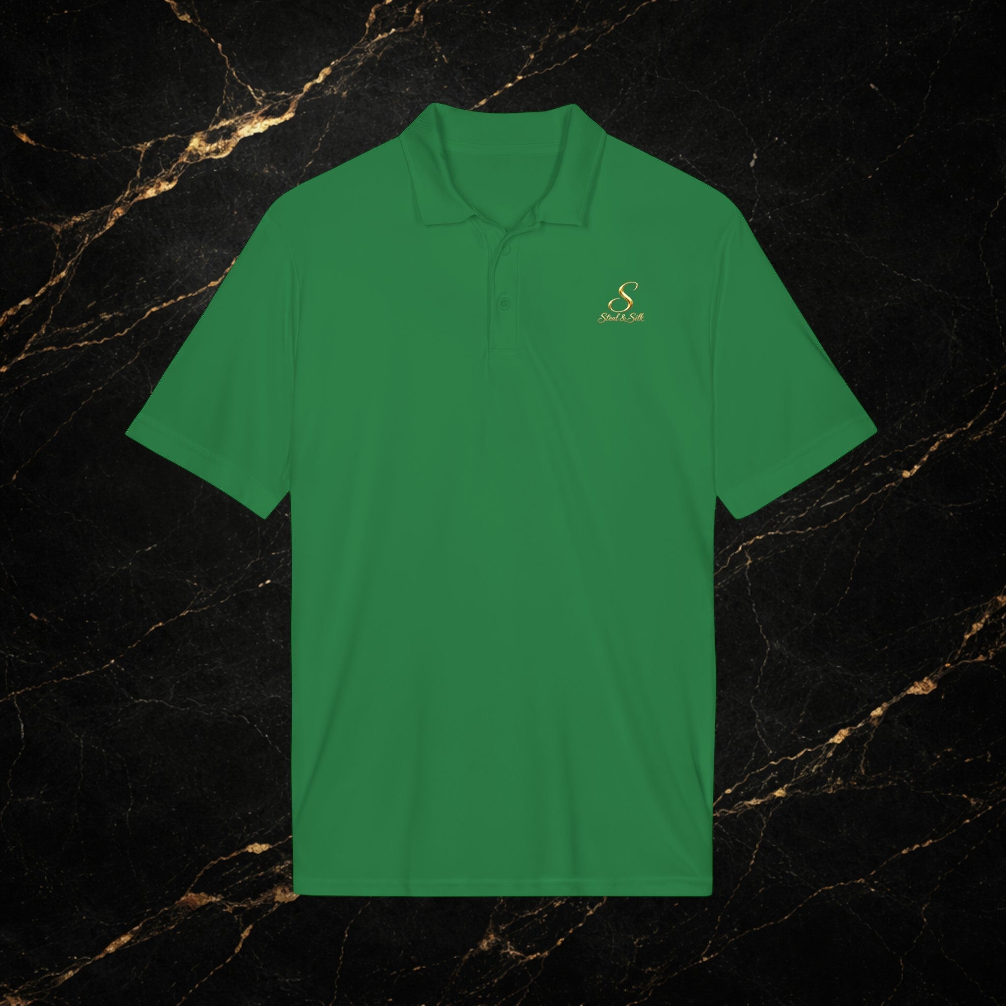 Steal & Silk Embroidered Gold “S” Performance Polo – Premium Athletic Fit