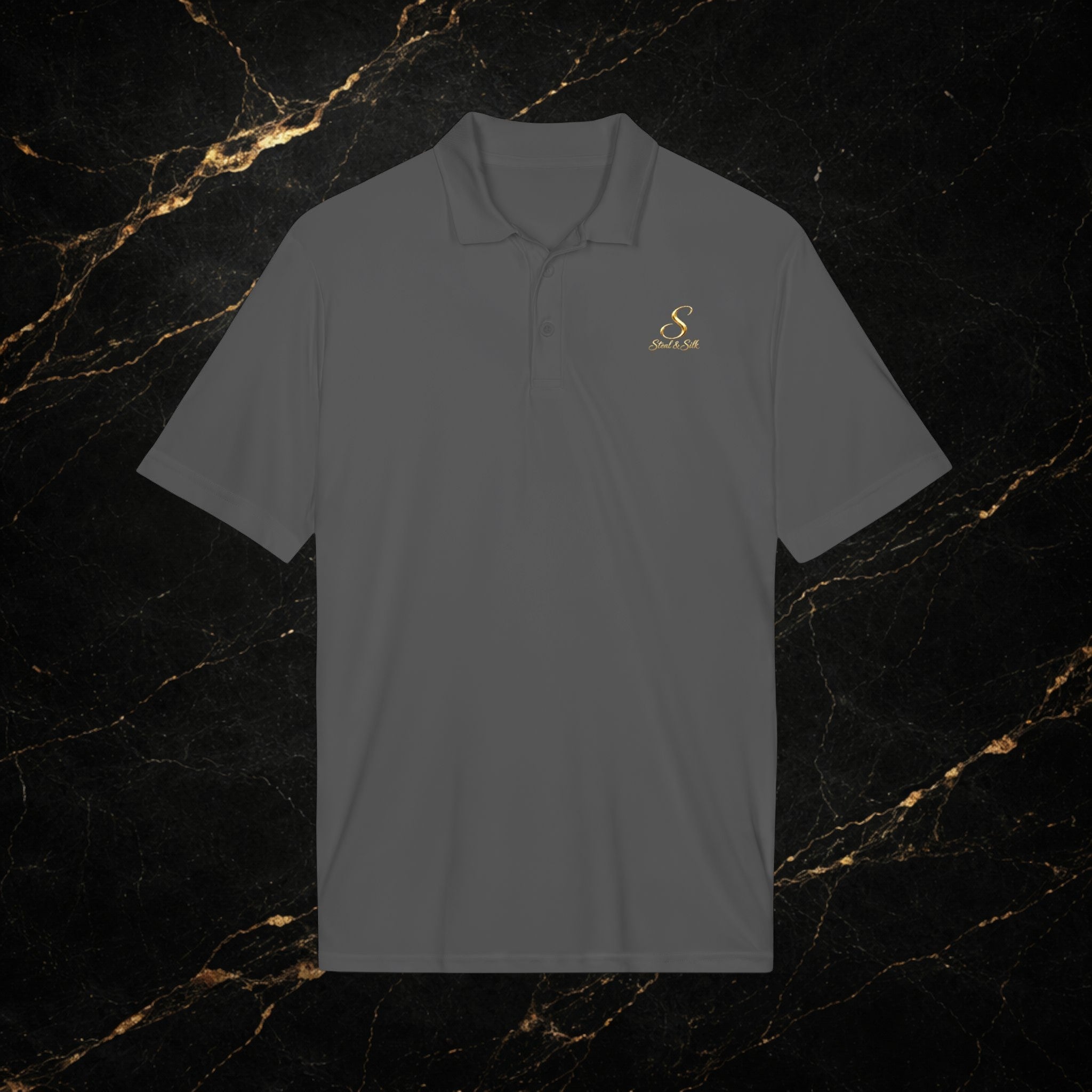 Steal & Silk Embroidered Gold “S” Performance Polo – Premium Athletic Fit