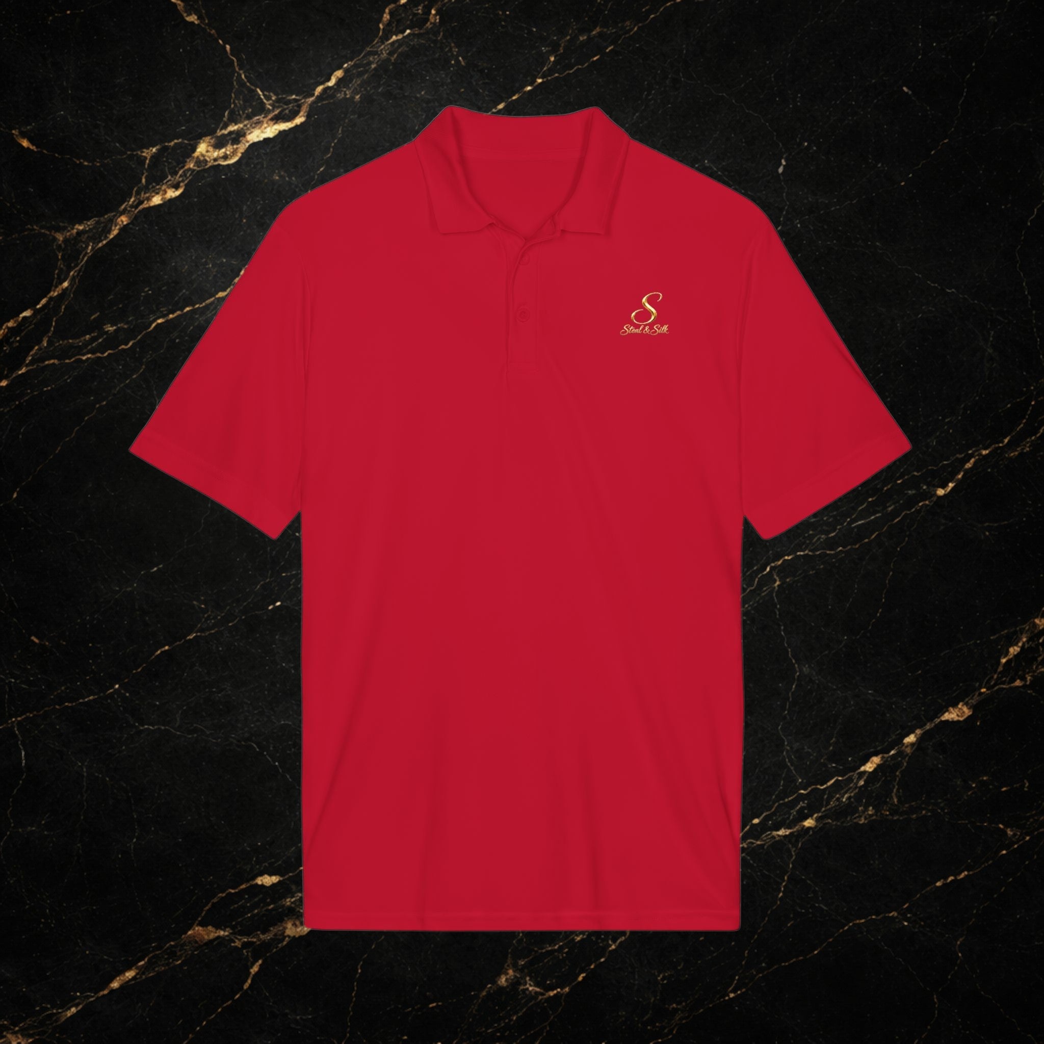 Steal & Silk Embroidered Gold “S” Performance Polo – Premium Athletic Fit