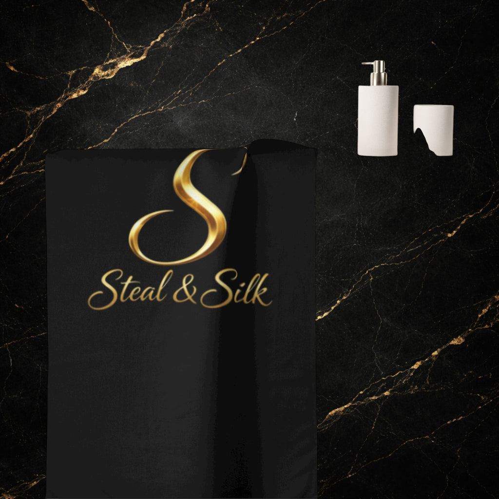 Luxury Steal & Silk Cotton Towel — Black Beach & Spa Towel with Gold Logo