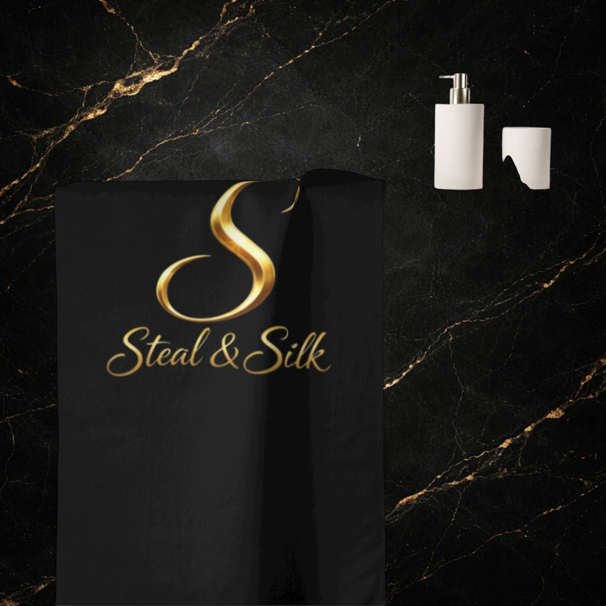 Luxury Steal & Silk Cotton Towel — Black Beach & Spa Towel with Gold Logo