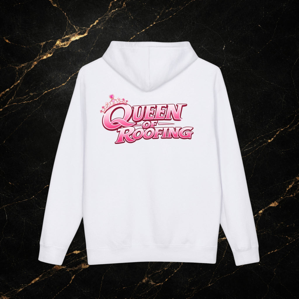 Queen of Roofing Hoodie — Pink Retro Logo Roofing Crew Sweatshirt