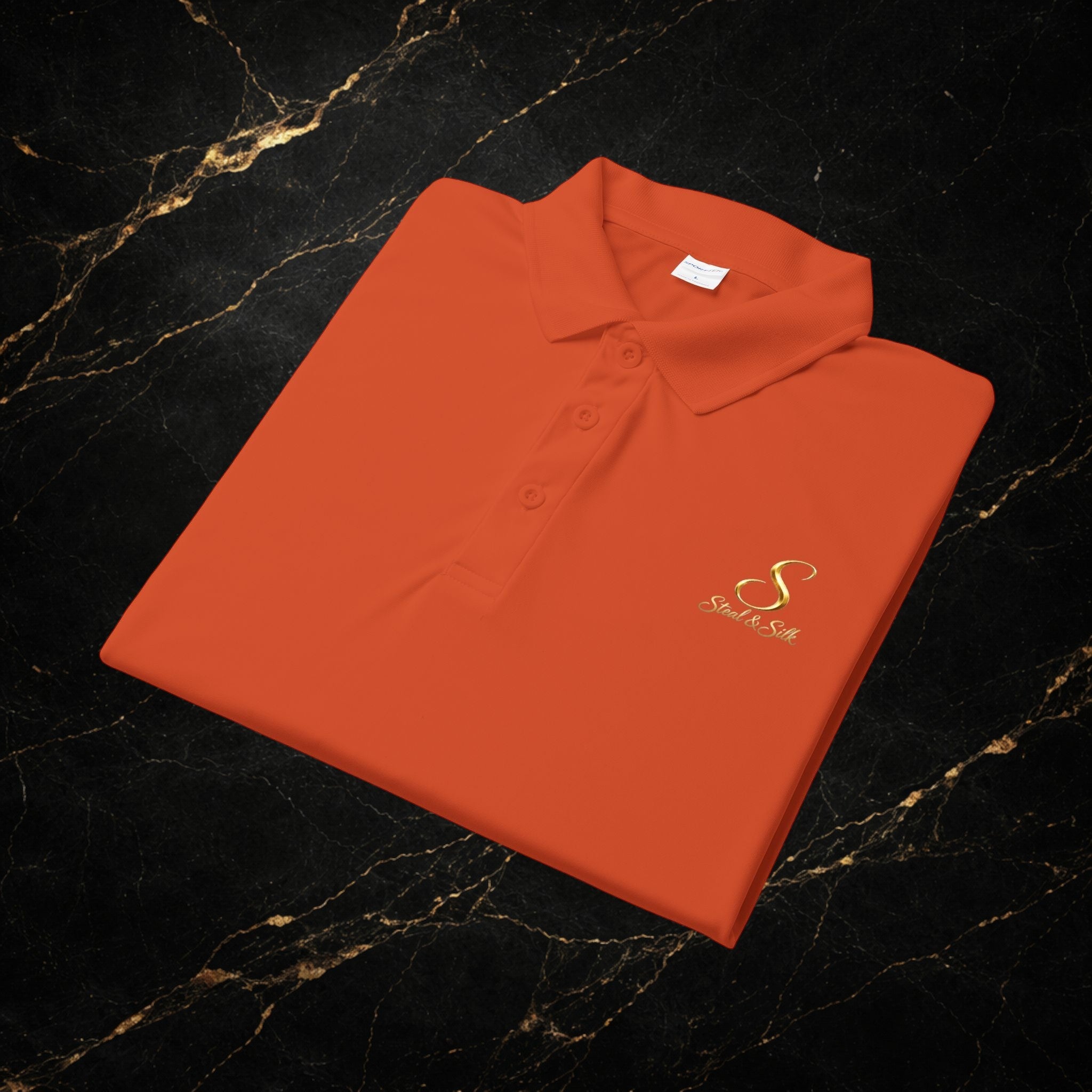 Steal & Silk Embroidered Gold “S” Performance Polo – Premium Athletic Fit