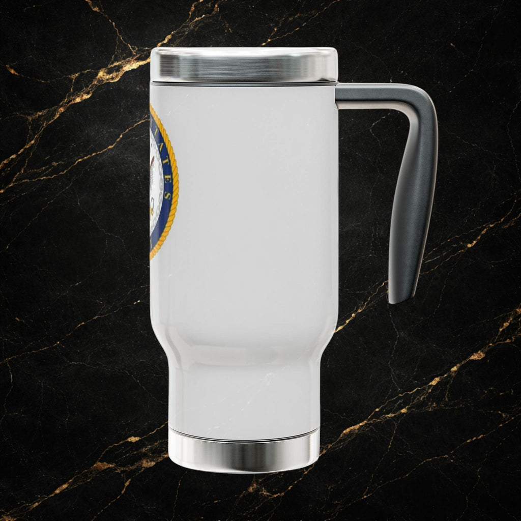 Navy Emblem 14oz Stainless Travel Mug with Handle – Honor Courage Commitment