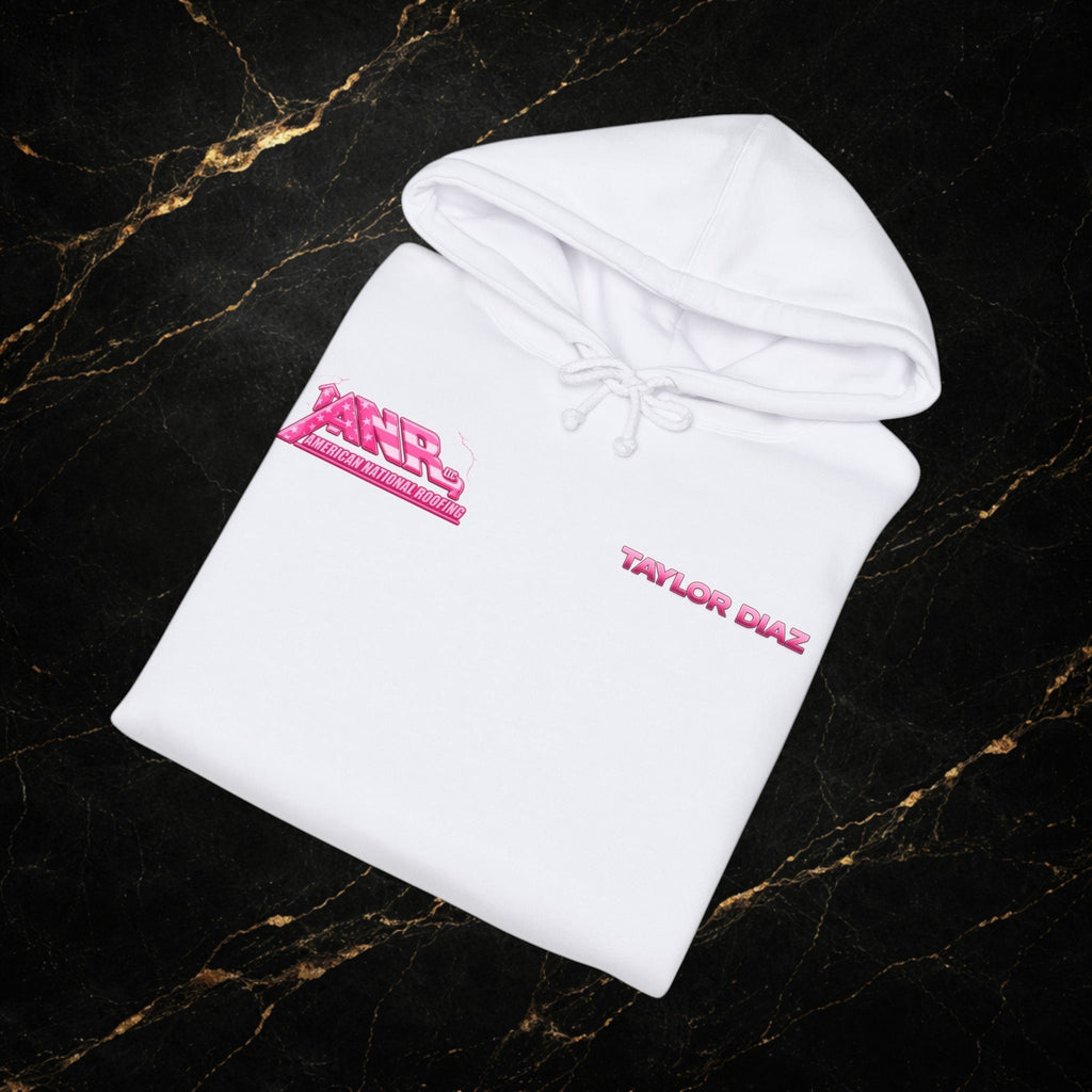 Queen of Roofing Hoodie — Pink Retro Logo Roofing Crew Sweatshirt