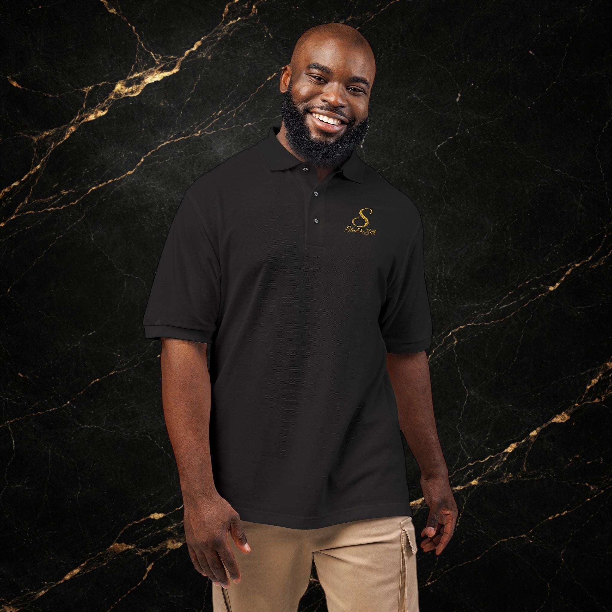 Embroidered Gold Snake Logo Polo Shirt — Classic Casual Dress Polo