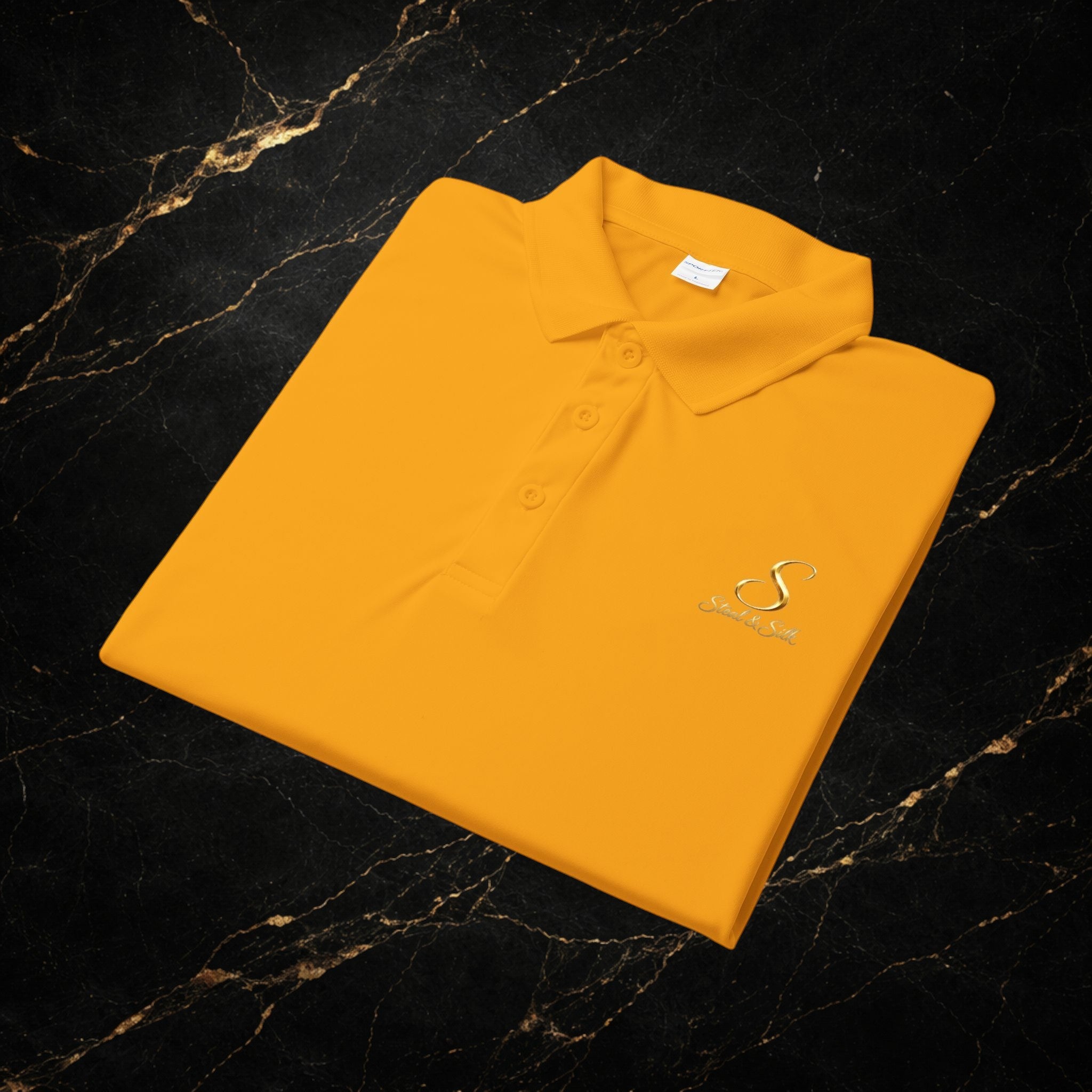 Steal & Silk Embroidered Gold “S” Performance Polo – Premium Athletic Fit