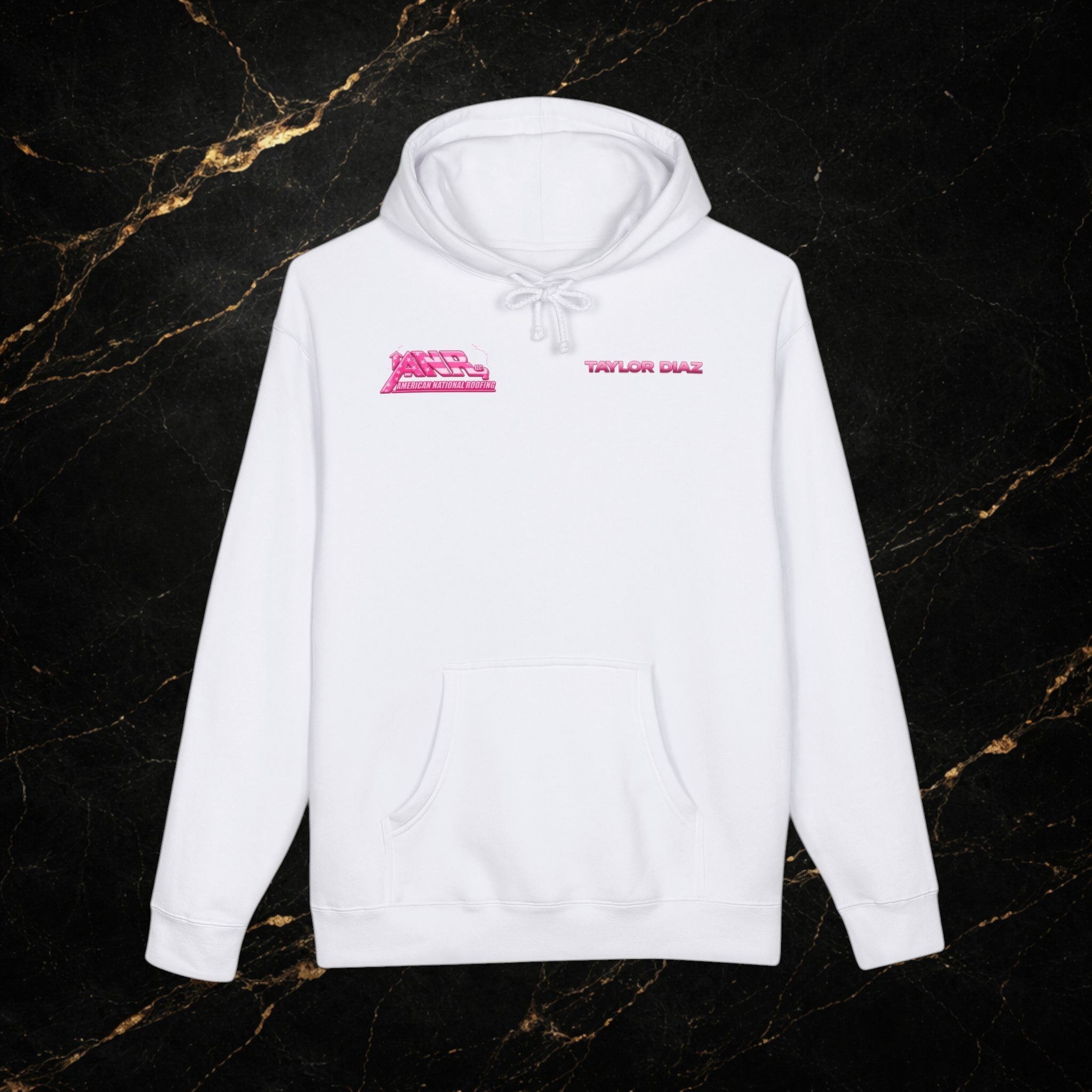 Queen of Roofing Hoodie — Pink Retro Logo Roofing Crew Sweatshirt