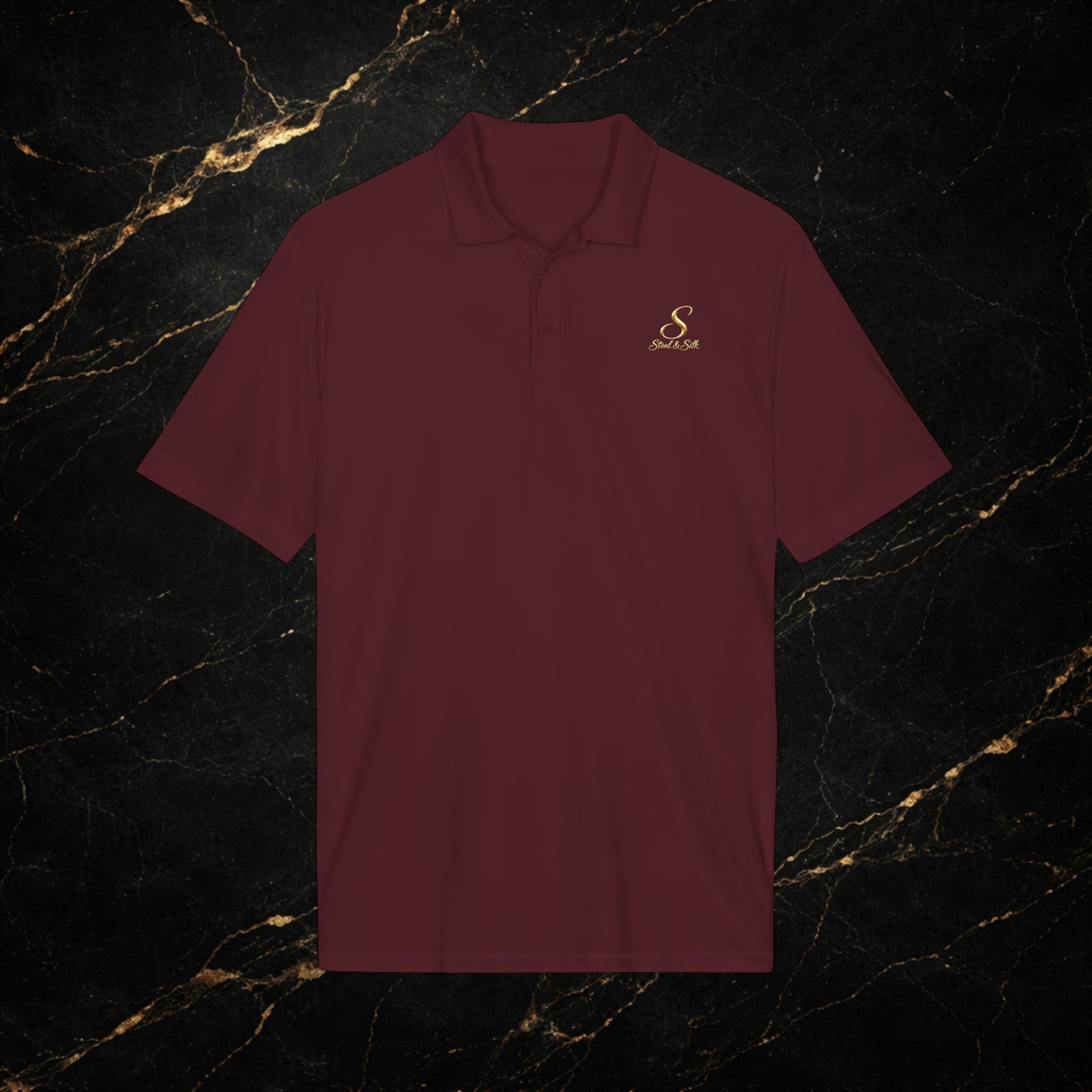 Steal & Silk Embroidered Gold “S” Performance Polo – Premium Athletic Fit