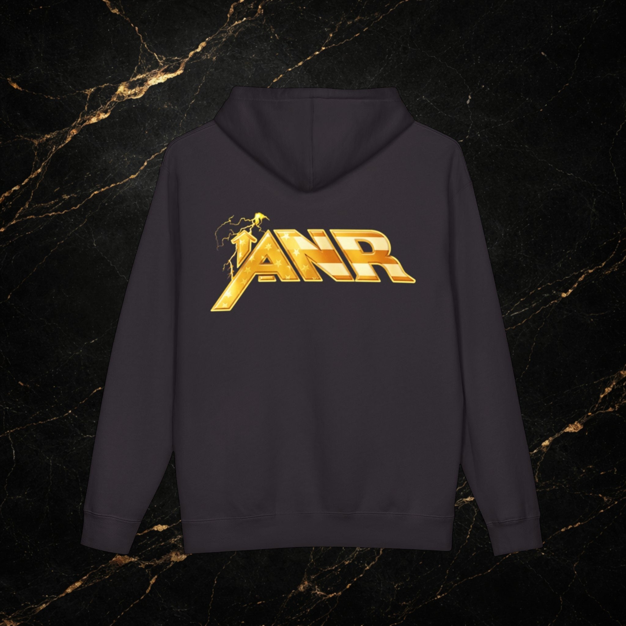 ANR Gold Logo Hoodie — Retro Metallic Band-Style Graphic Pullover