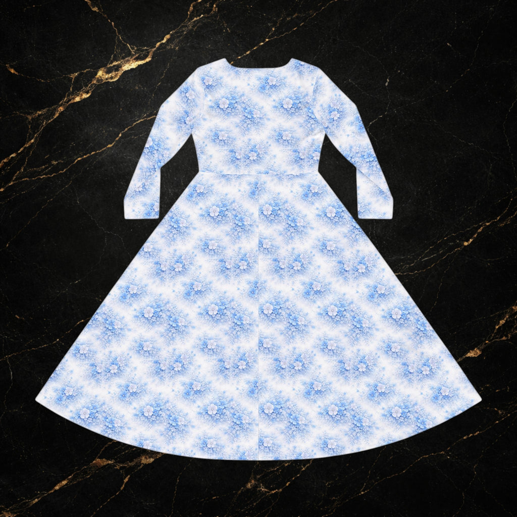 Blue Watercolor Floral Dance Dress — Long Sleeve Maxi Dress for Ballroom & Recital