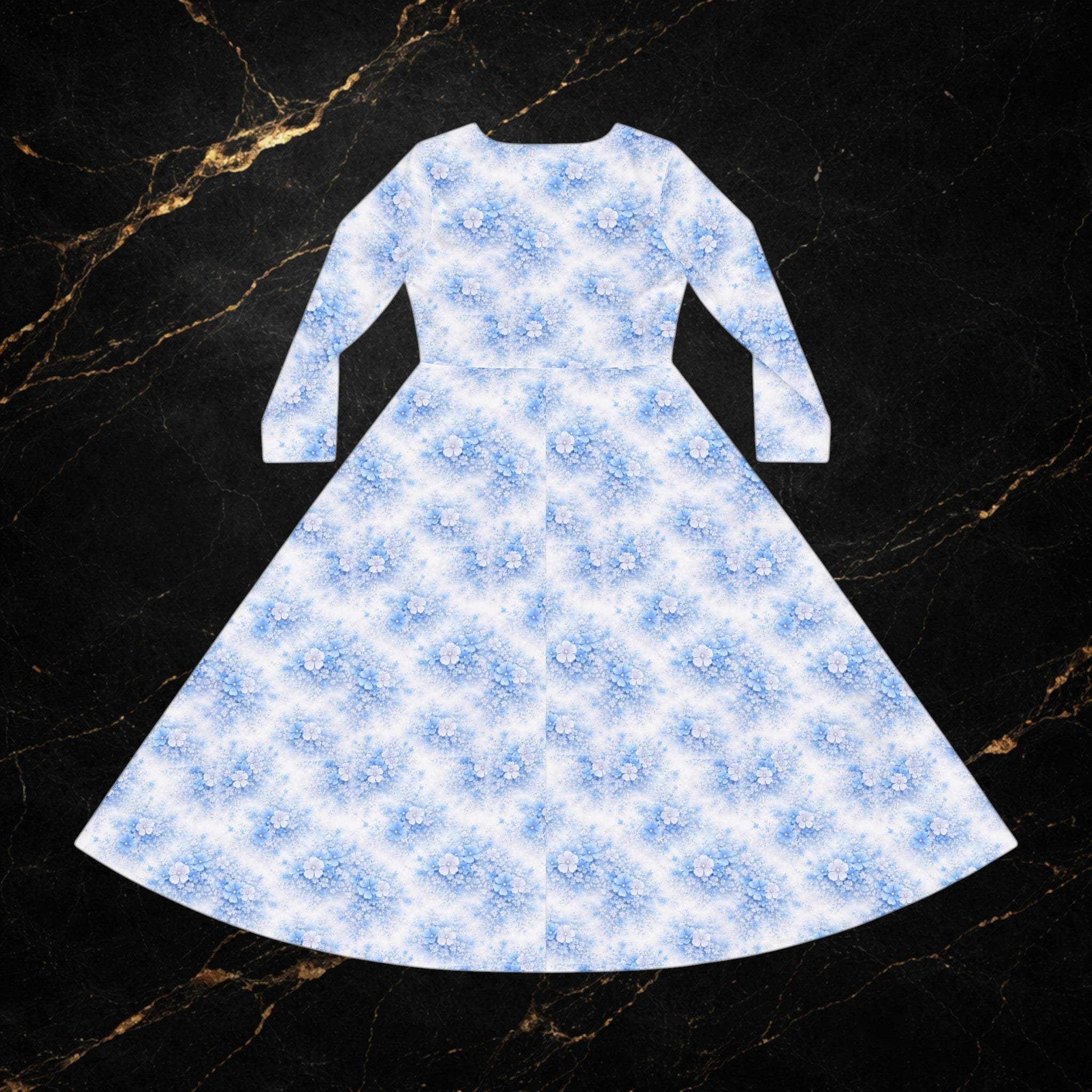 Blue Watercolor Floral Dance Dress — Long Sleeve Maxi Dress for Ballroom & Recital