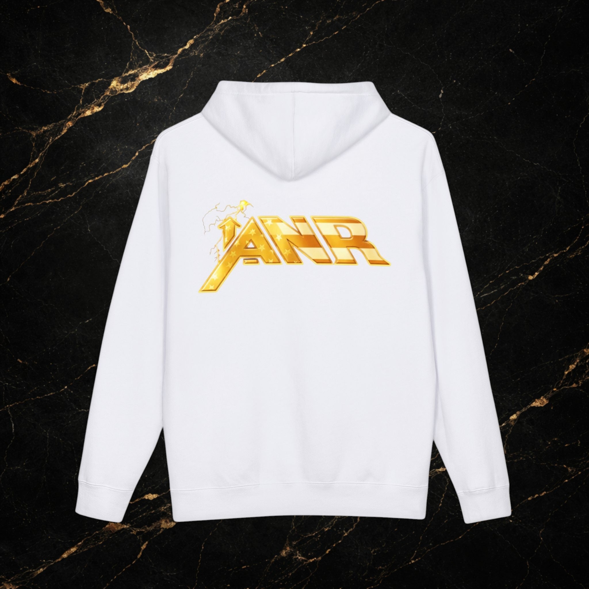 ANR Gold Logo Hoodie — Retro Metallic Band-Style Graphic Pullover