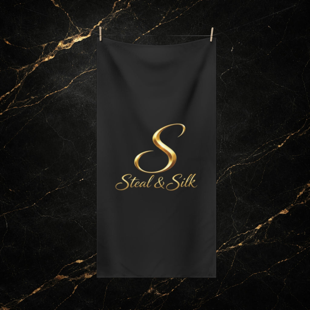 Luxury Steal & Silk Cotton Towel — Black Beach & Spa Towel with Gold Logo