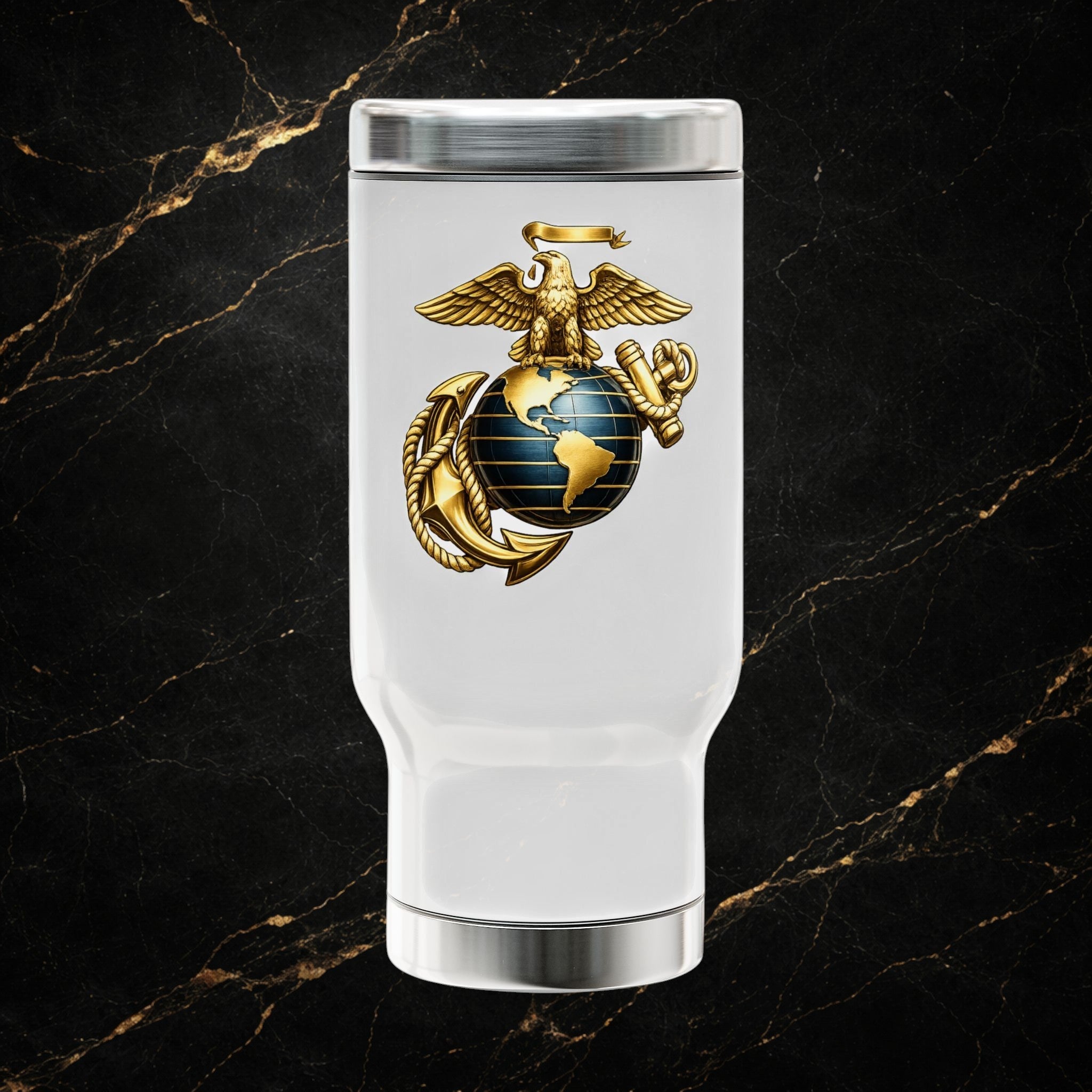 Marines Semper Fidelis 14oz Stainless Travel Mug with Handle — Patriotic Military Emblem