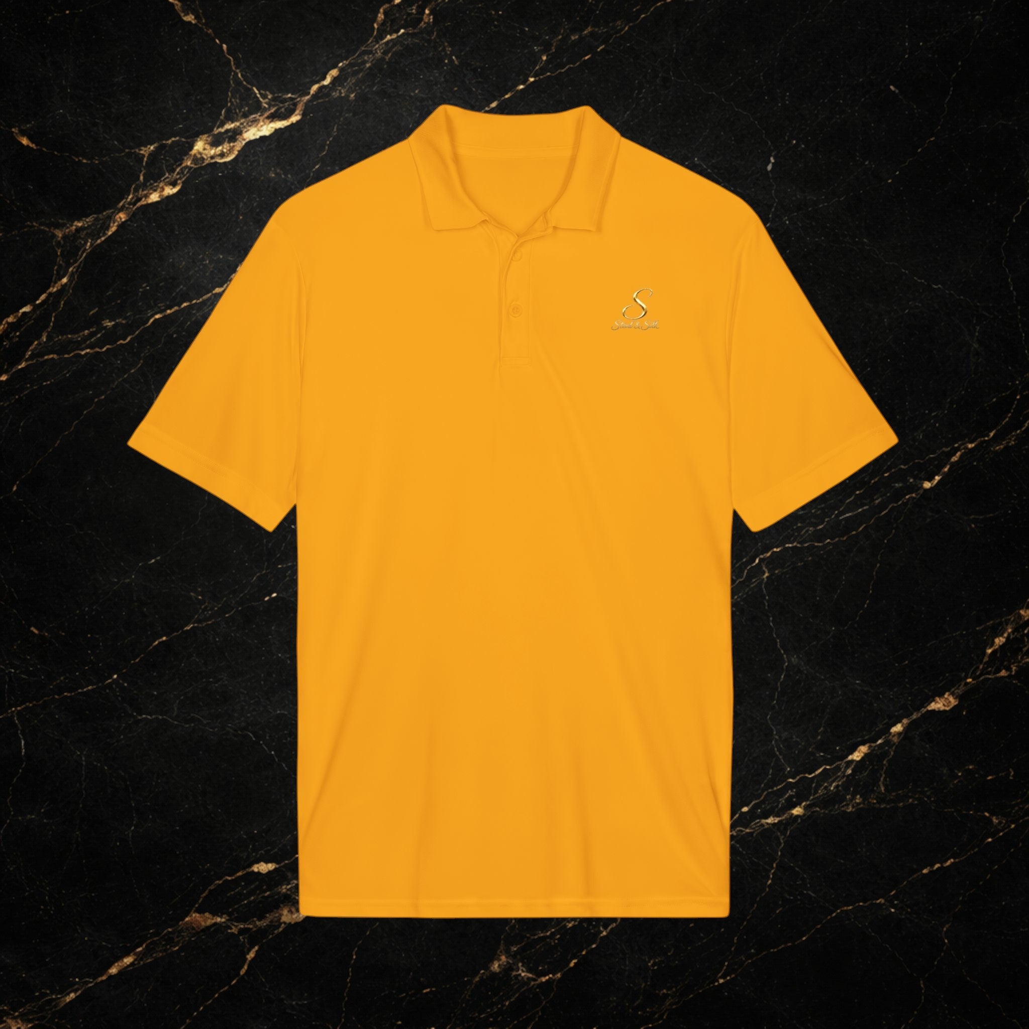Steal & Silk Embroidered Gold “S” Performance Polo – Premium Athletic Fit