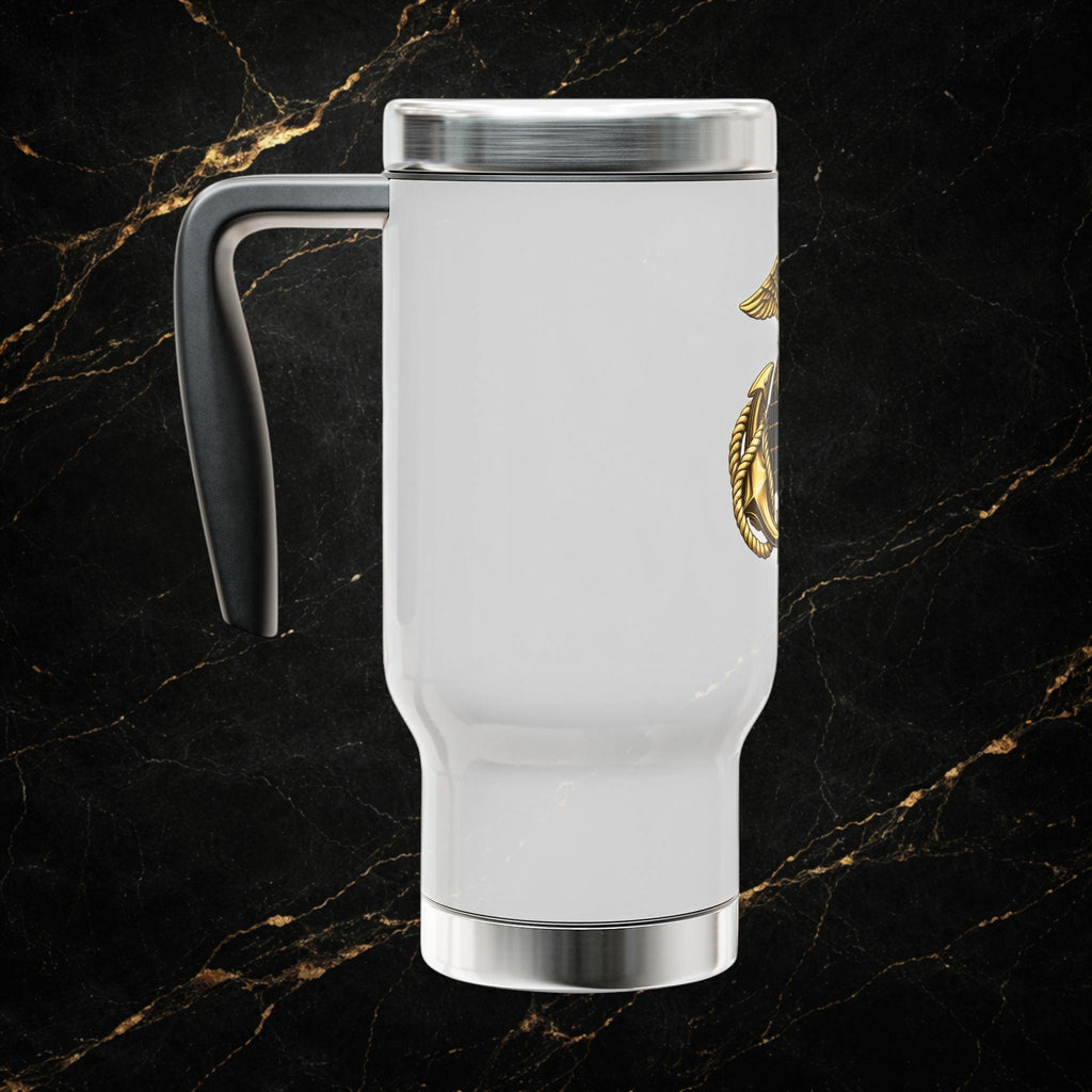 Marines Semper Fidelis 14oz Stainless Travel Mug with Handle — Patriotic Military Emblem
