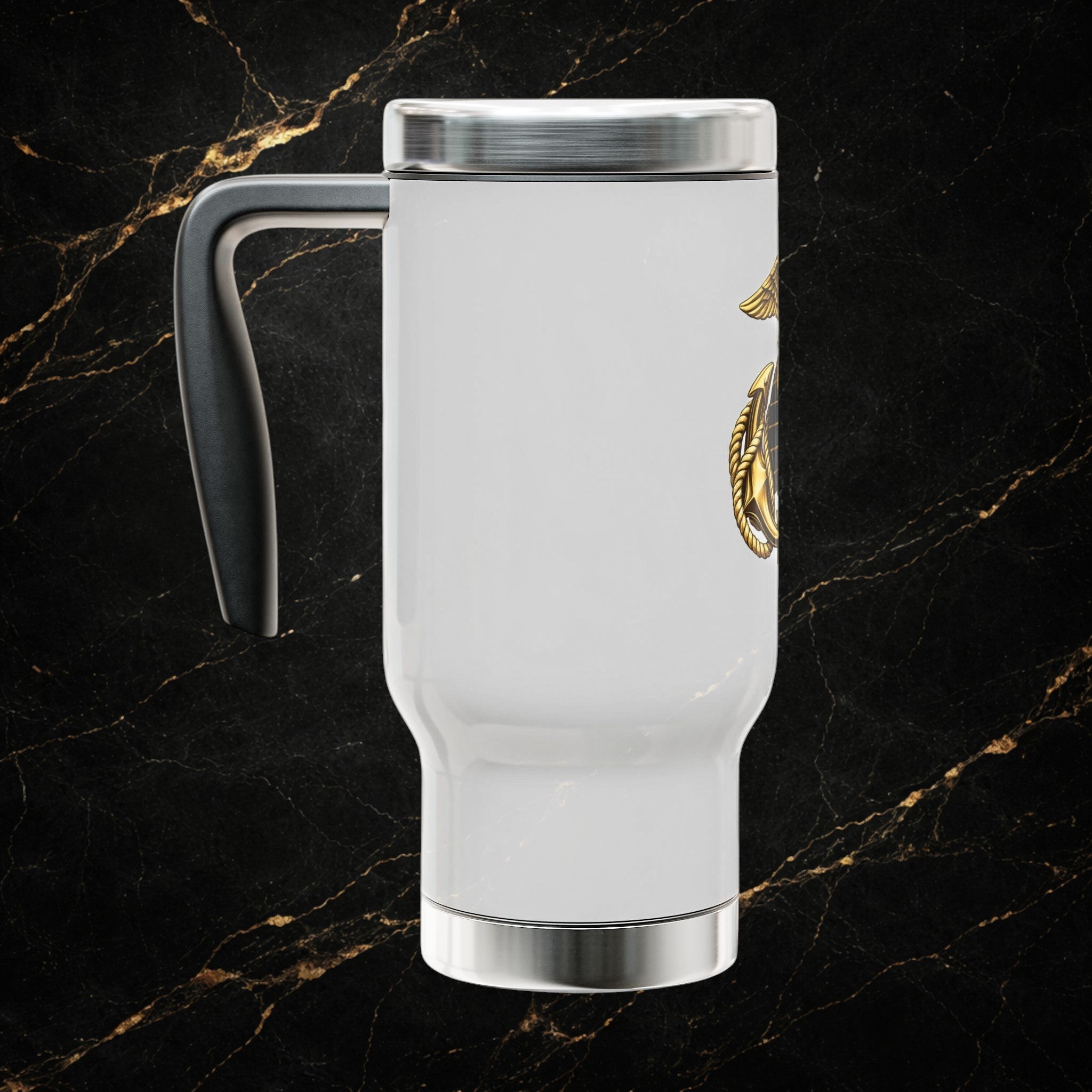 Marines Semper Fidelis 14oz Stainless Travel Mug with Handle — Patriotic Military Emblem
