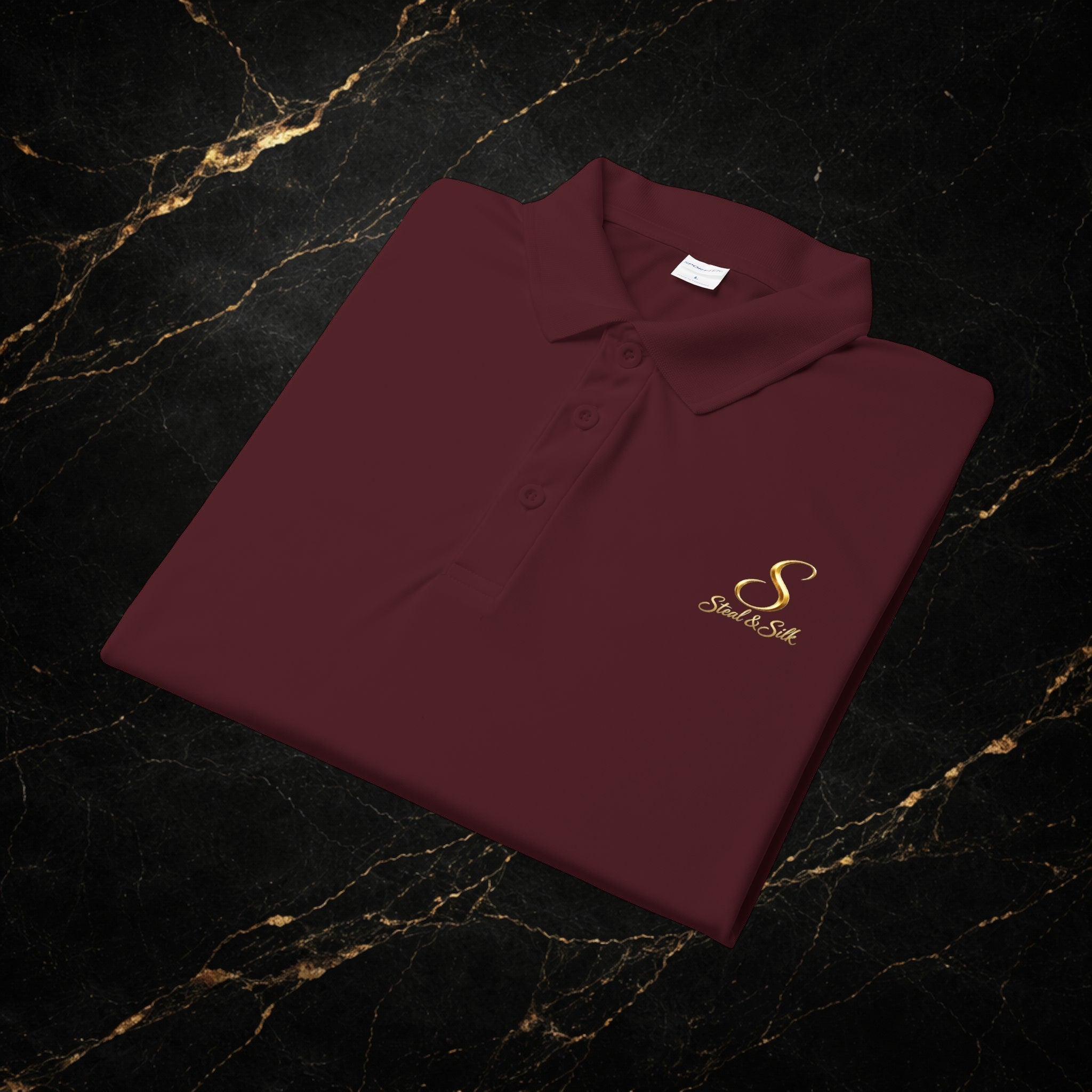Steal & Silk Embroidered Gold “S” Performance Polo – Premium Athletic Fit
