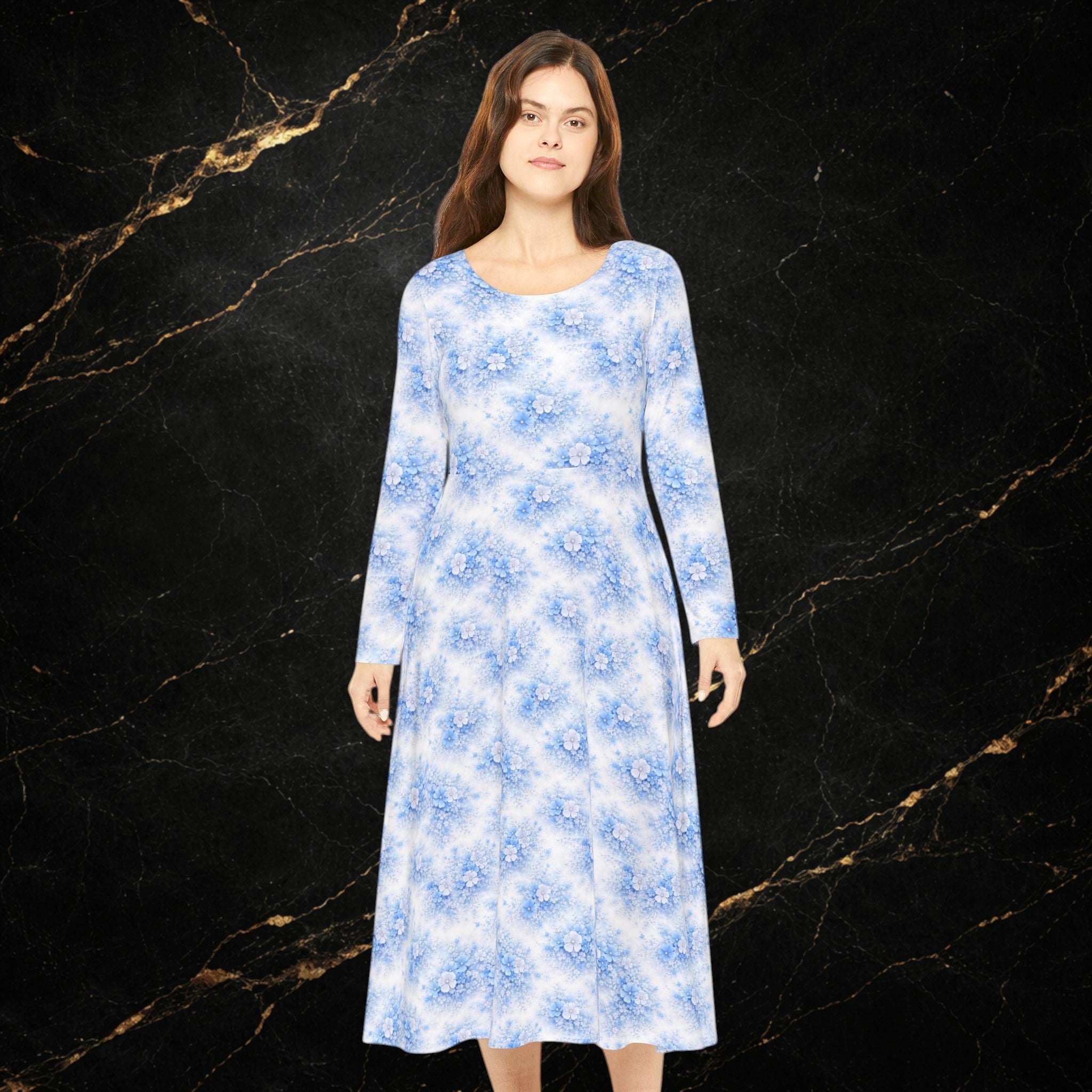 Blue Watercolor Floral Dance Dress — Long Sleeve Maxi Dress for Ballroom & Recital
