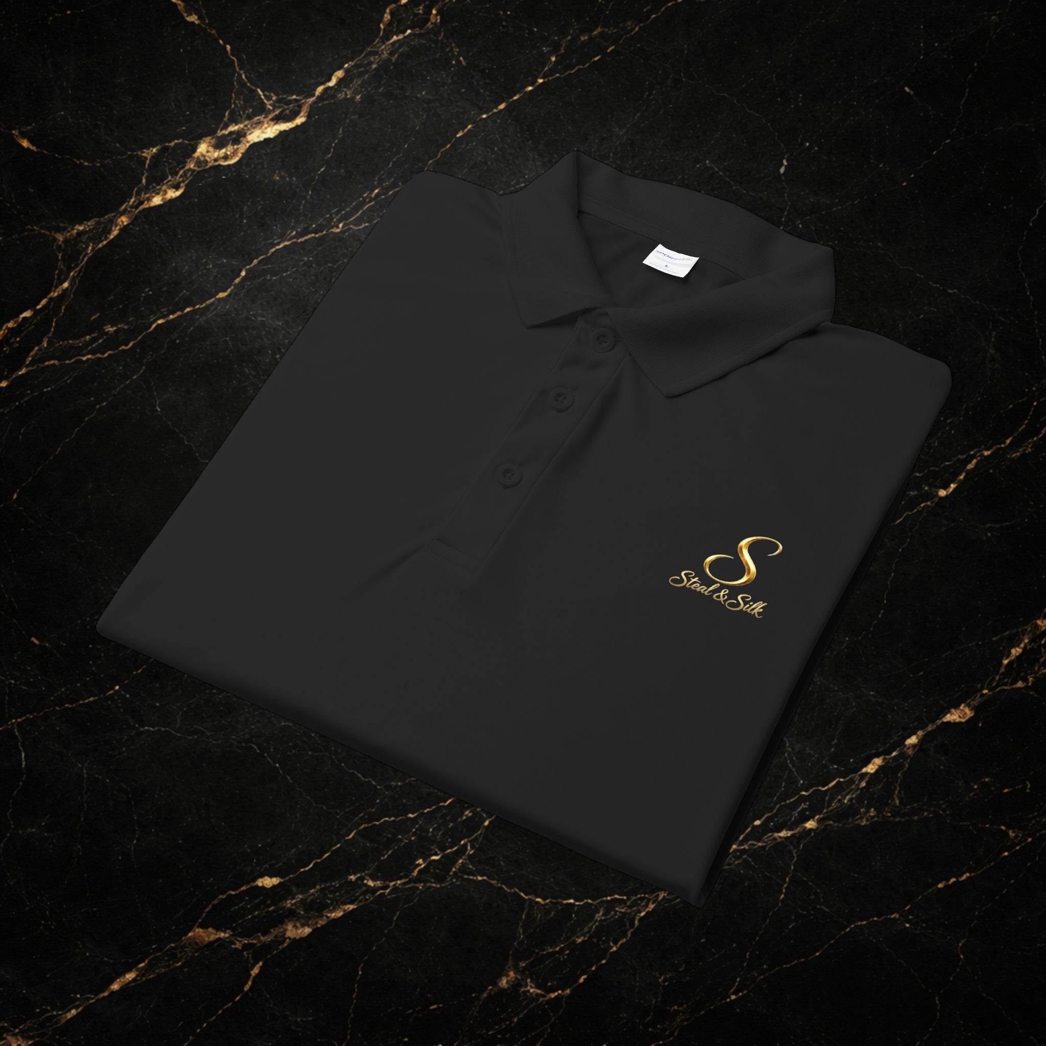 Steal & Silk Embroidered Gold “S” Performance Polo – Premium Athletic Fit
