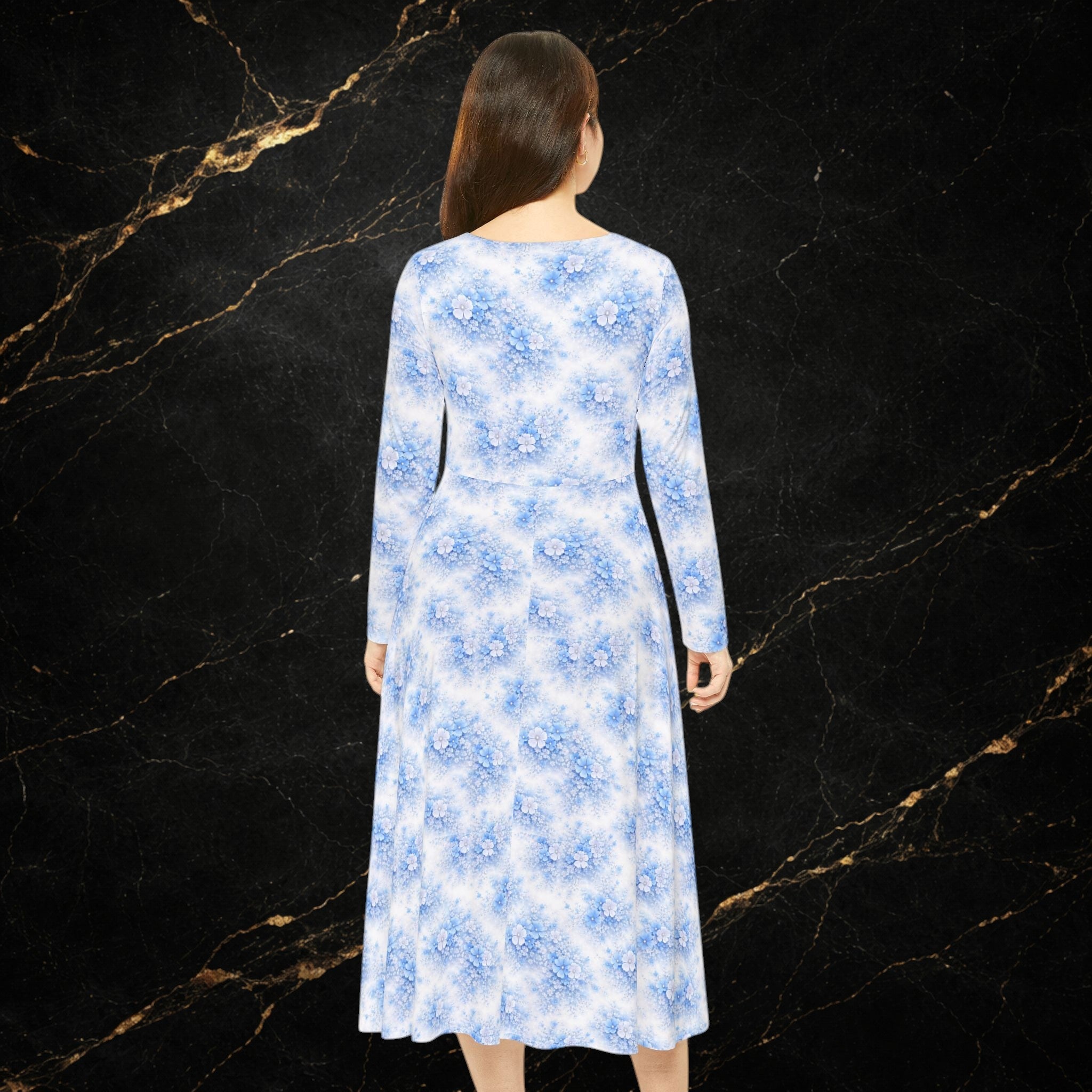 Blue Watercolor Floral Dance Dress — Long Sleeve Maxi Dress for Ballroom & Recital