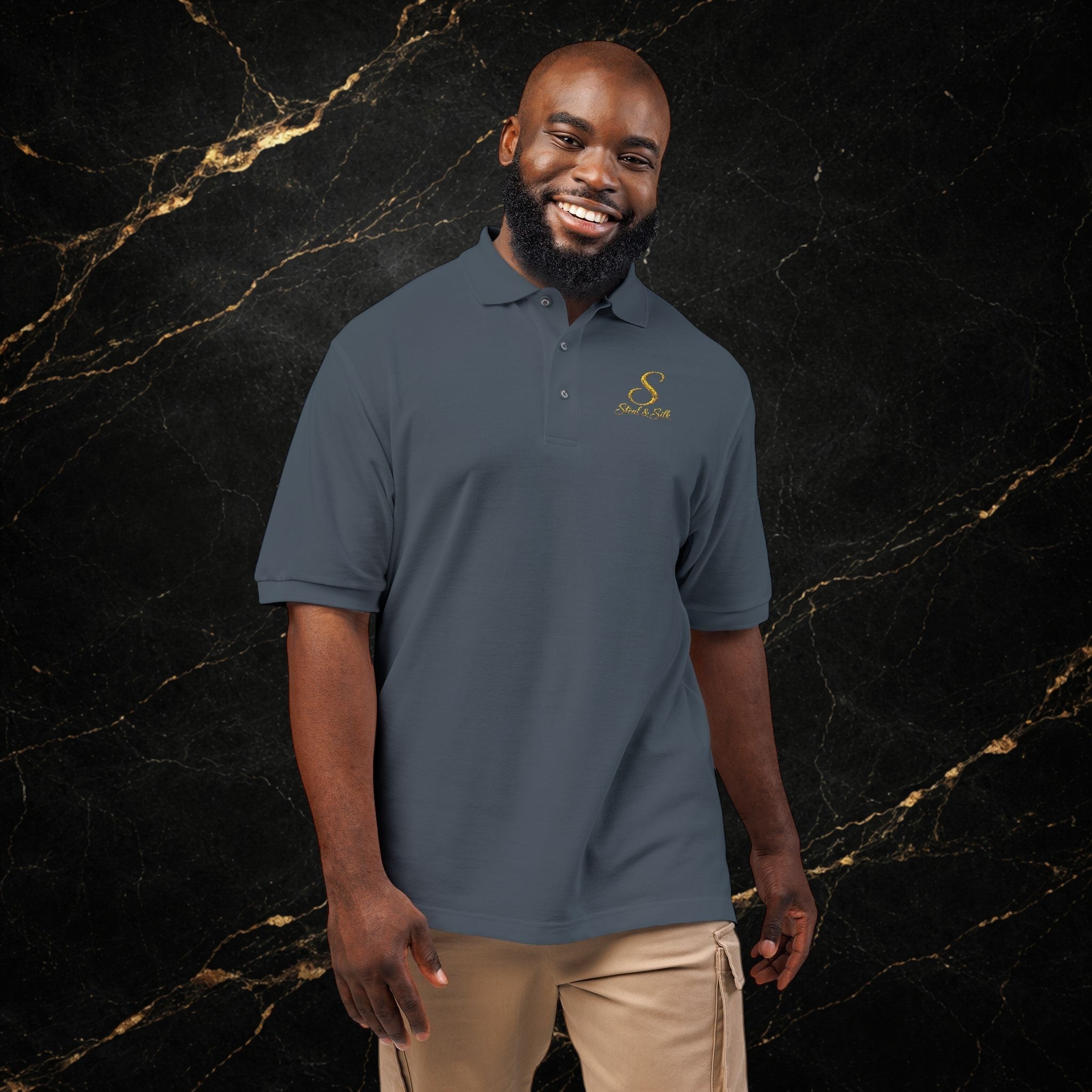 Embroidered Gold Snake Logo Polo Shirt — Classic Casual Dress Polo