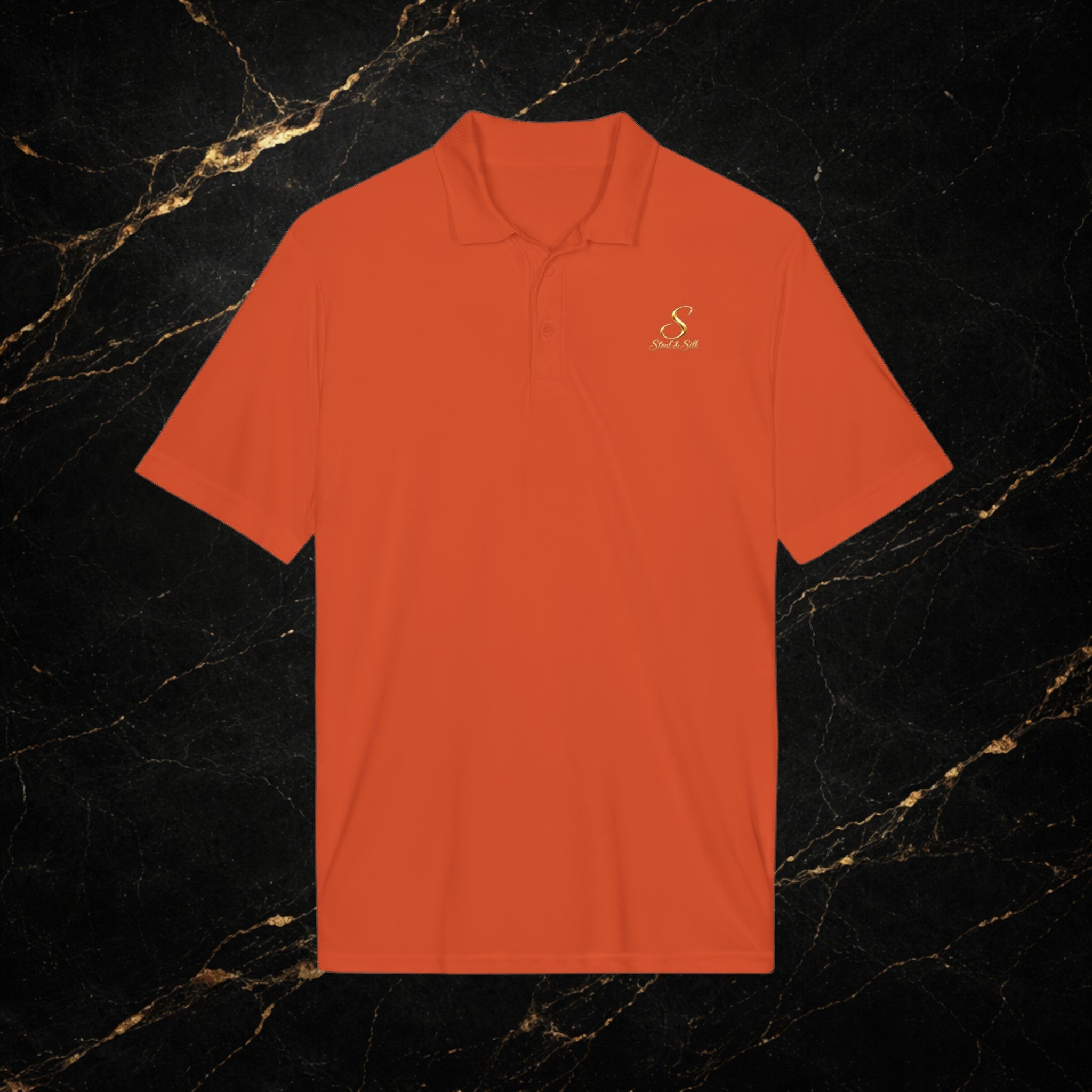 Steal & Silk Embroidered Gold “S” Performance Polo – Premium Athletic Fit