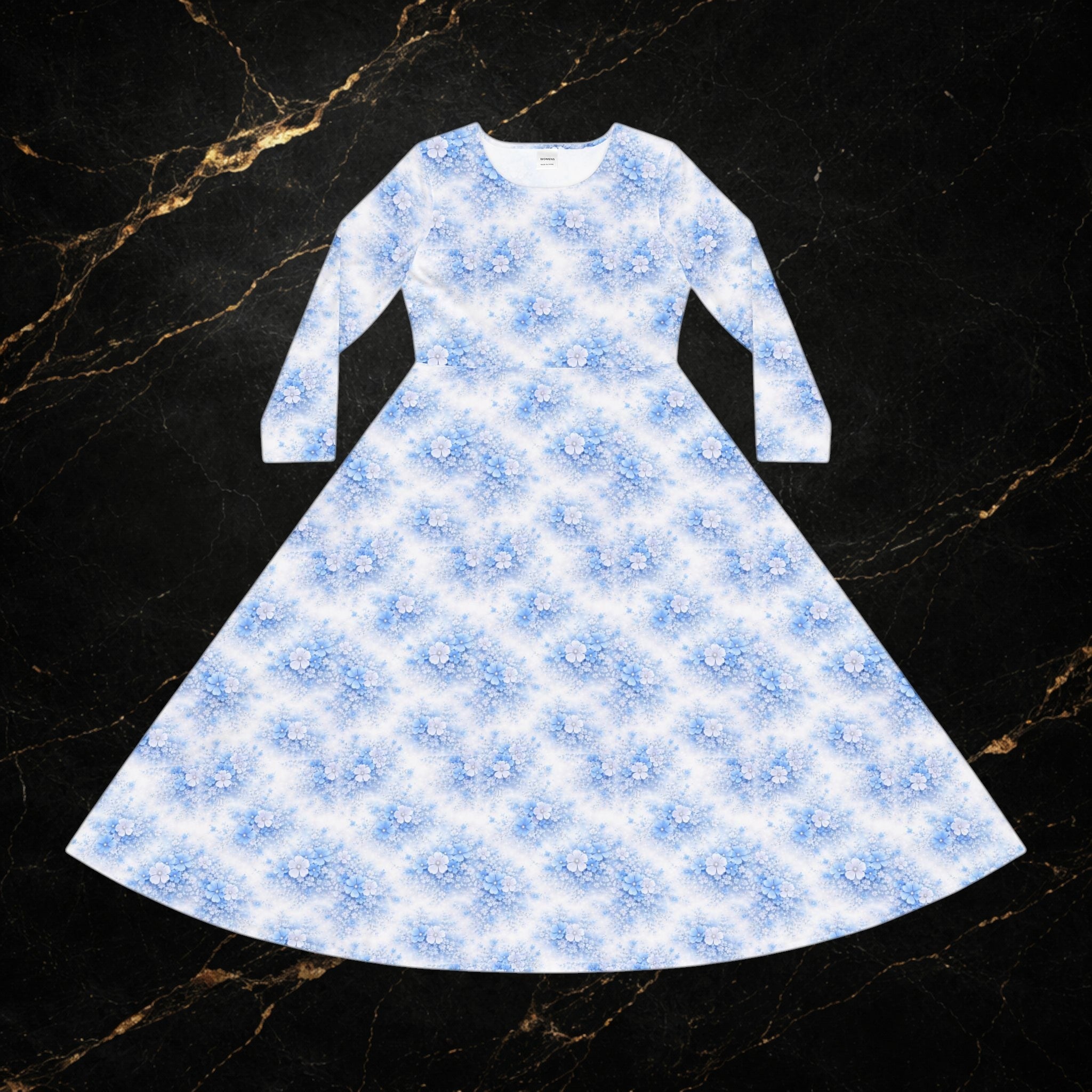 Blue Watercolor Floral Dance Dress — Long Sleeve Maxi Dress for Ballroom & Recital