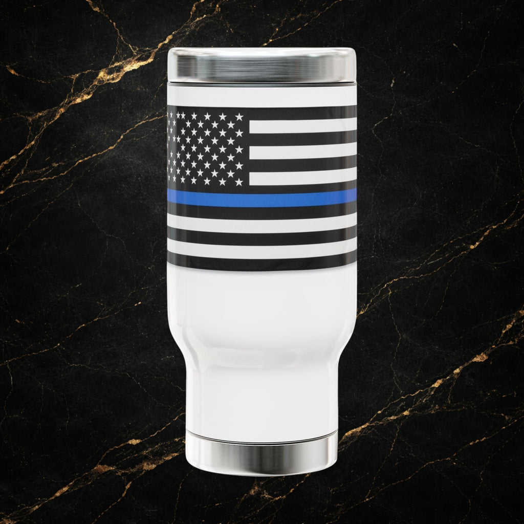 Police Brotherhood 14oz Stainless Travel Mug with Handle – Thin Blue Line Badge Design