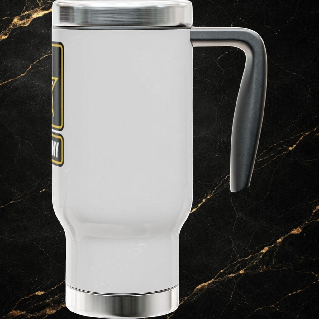 Army Emblem 14oz Stainless Travel Mug with Handle — Patriotic Military Crest