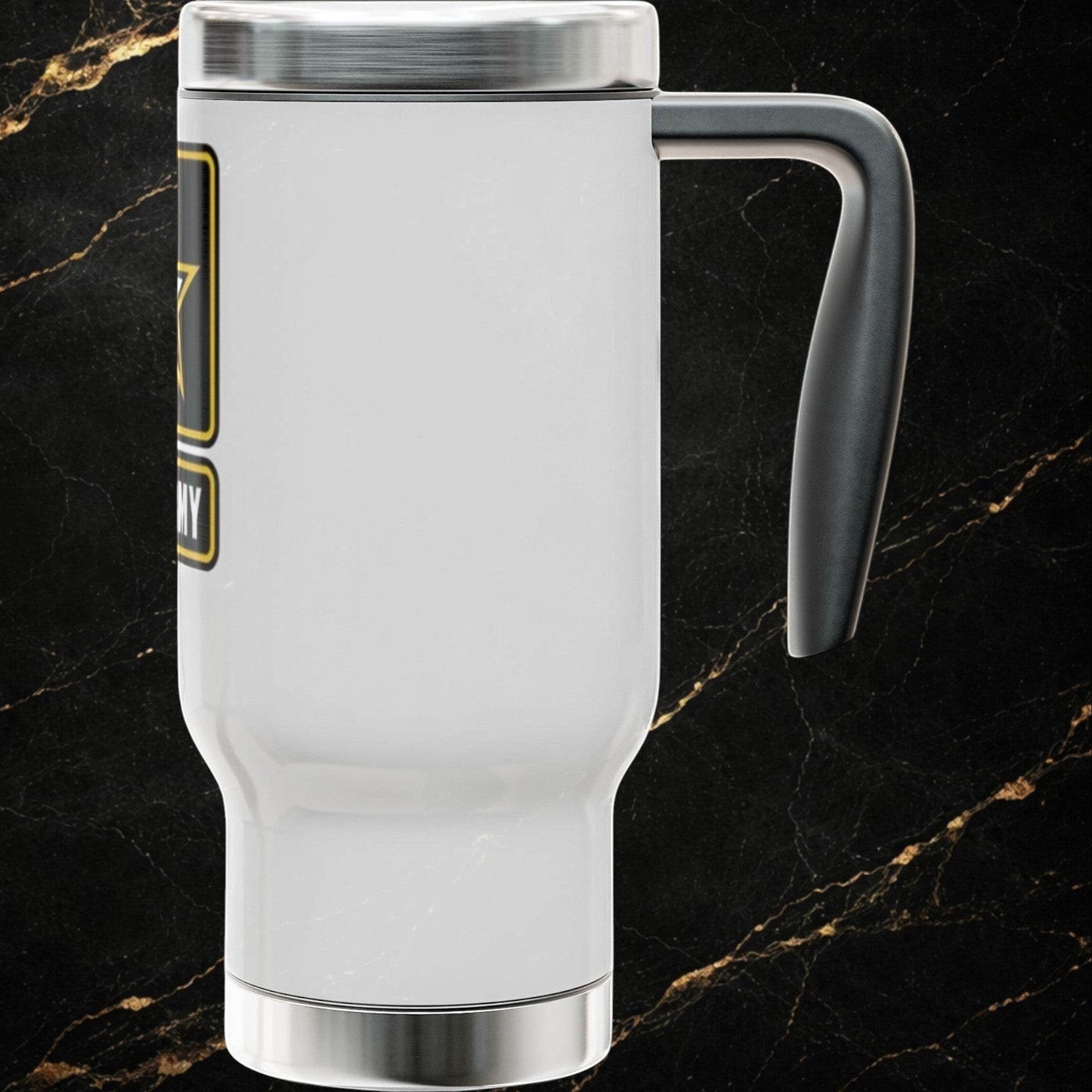 Army Emblem 14oz Stainless Travel Mug with Handle — Patriotic Military Crest