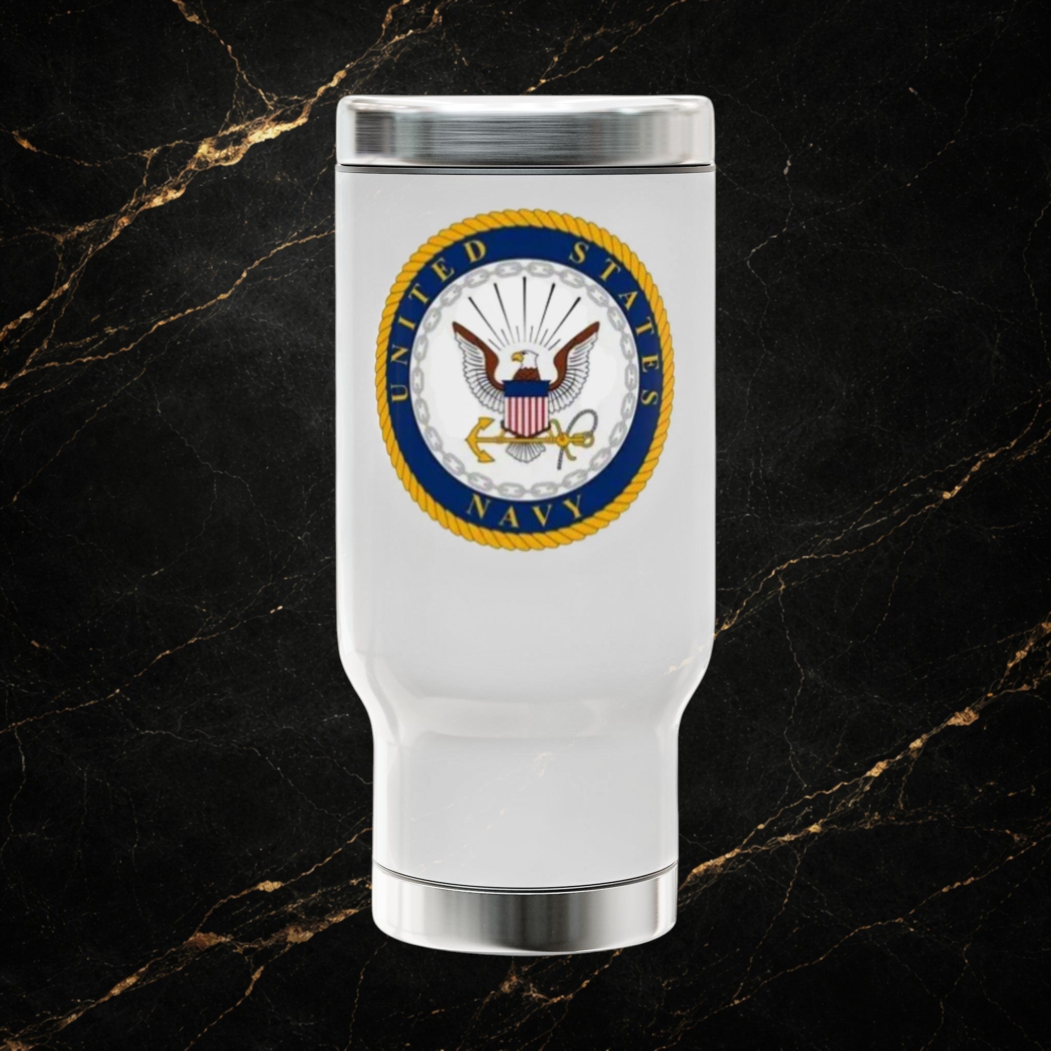 Navy Emblem 14oz Stainless Travel Mug with Handle – Honor Courage Commitment