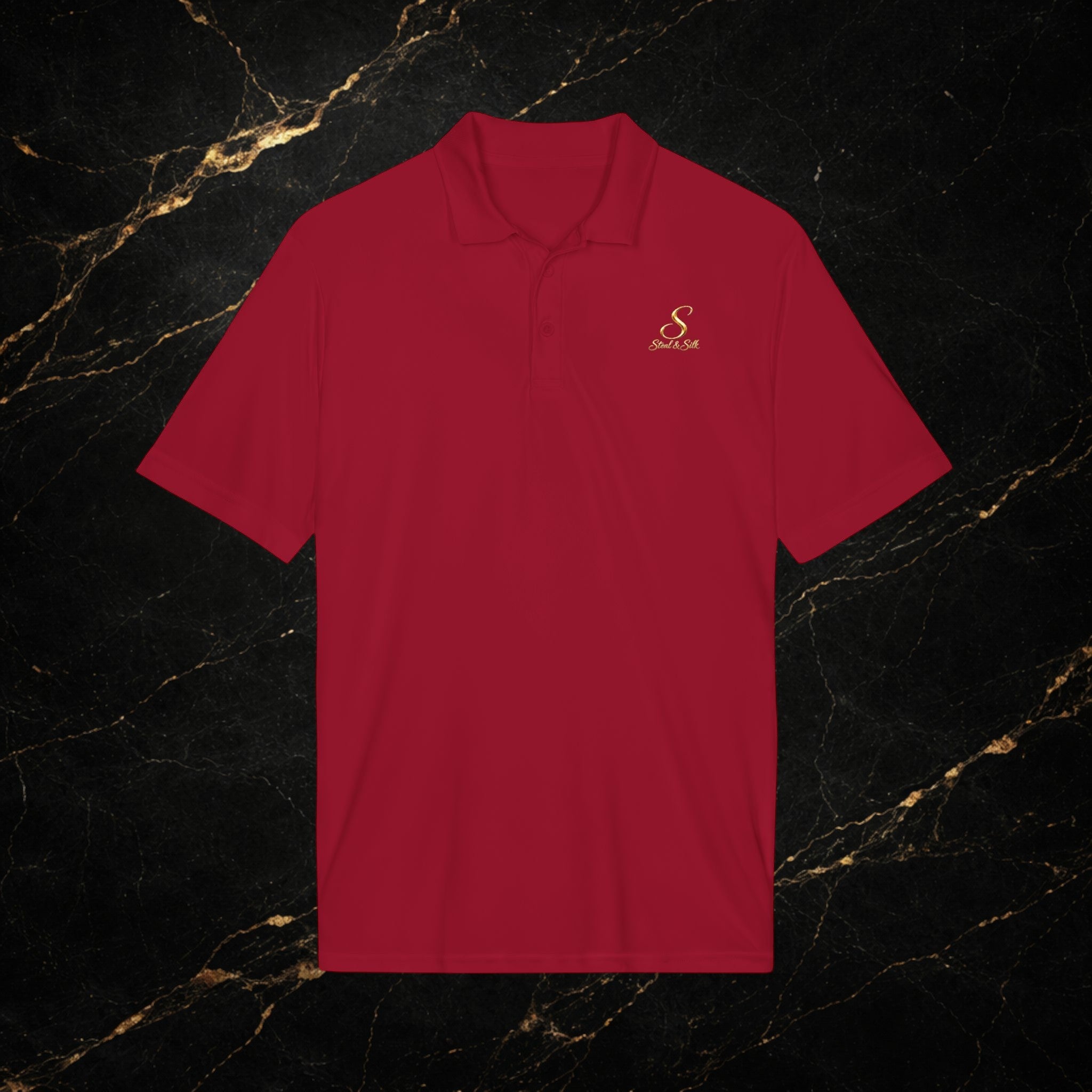 Steal & Silk Embroidered Gold “S” Performance Polo – Premium Athletic Fit