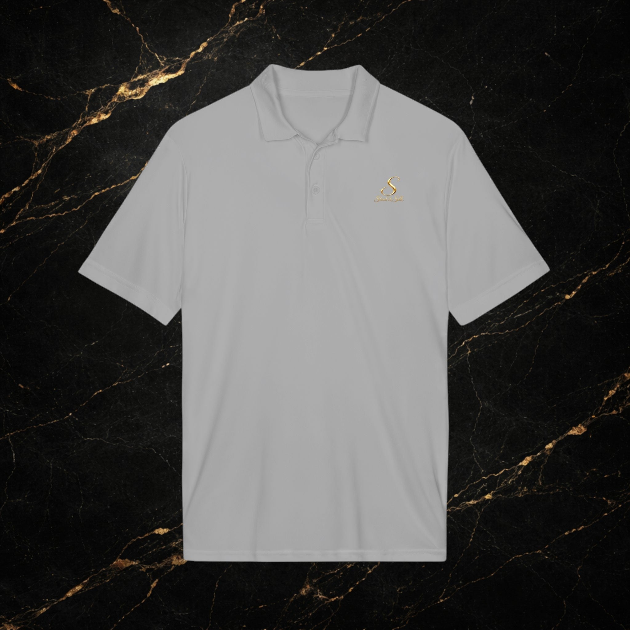 Steal & Silk Embroidered Gold “S” Performance Polo – Premium Athletic Fit