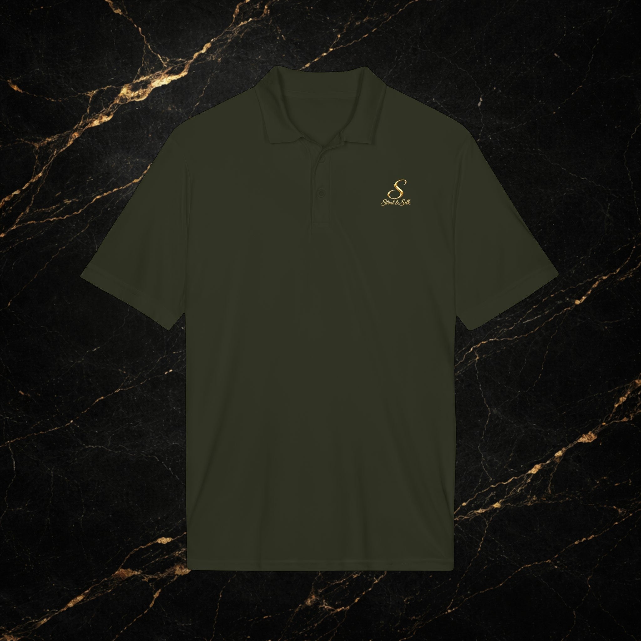 Steal & Silk Embroidered Gold “S” Performance Polo – Premium Athletic Fit