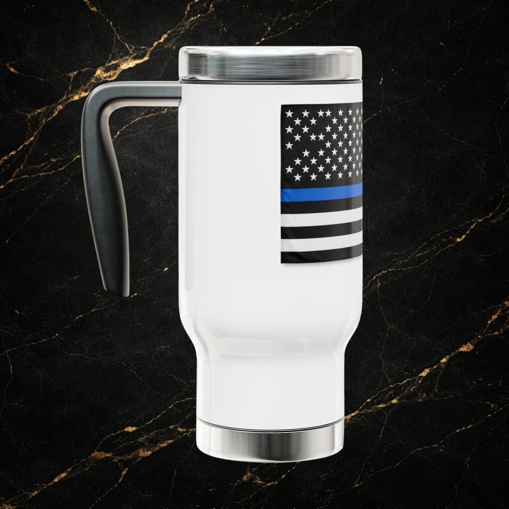 Police Brotherhood 14oz Stainless Travel Mug with Handle – Thin Blue Line Badge Design