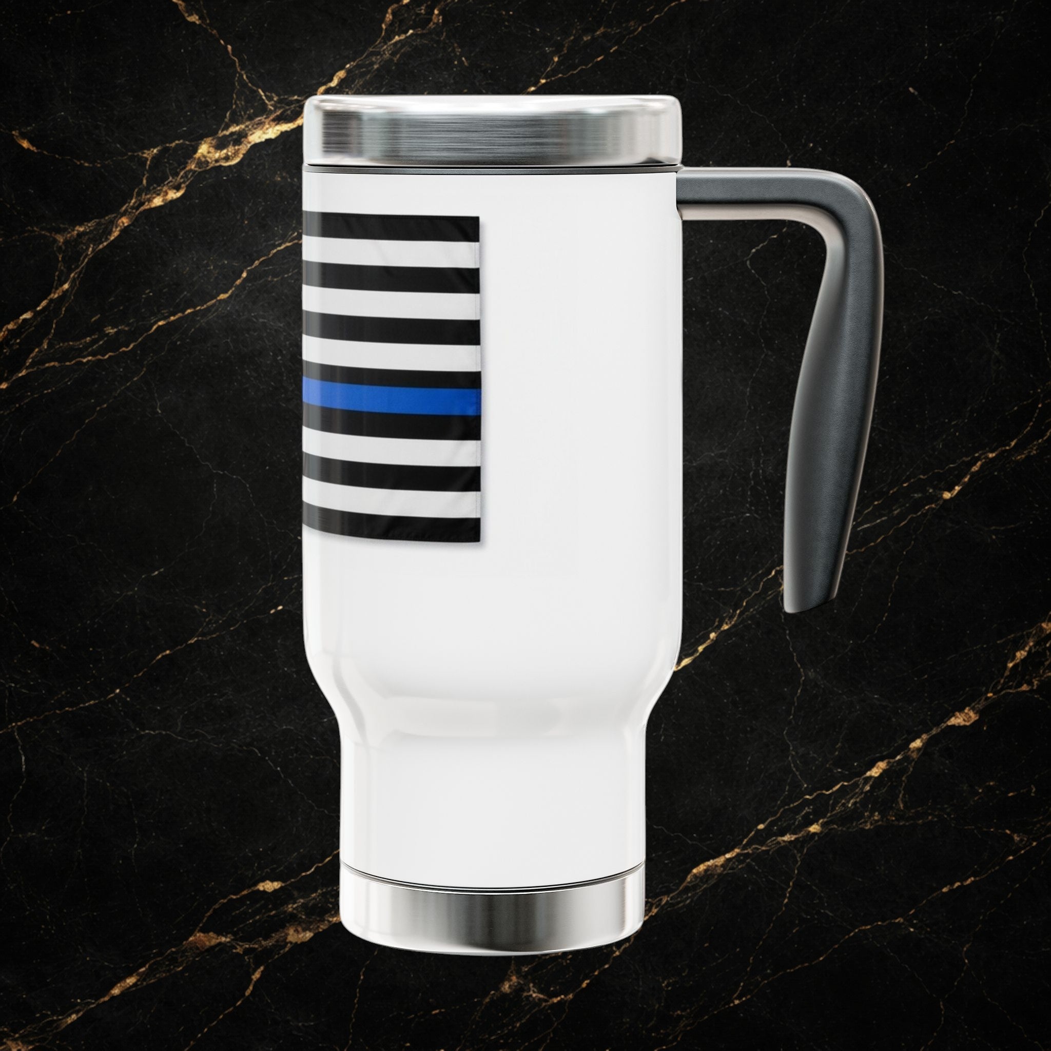 Police Brotherhood 14oz Stainless Travel Mug with Handle – Thin Blue Line Badge Design