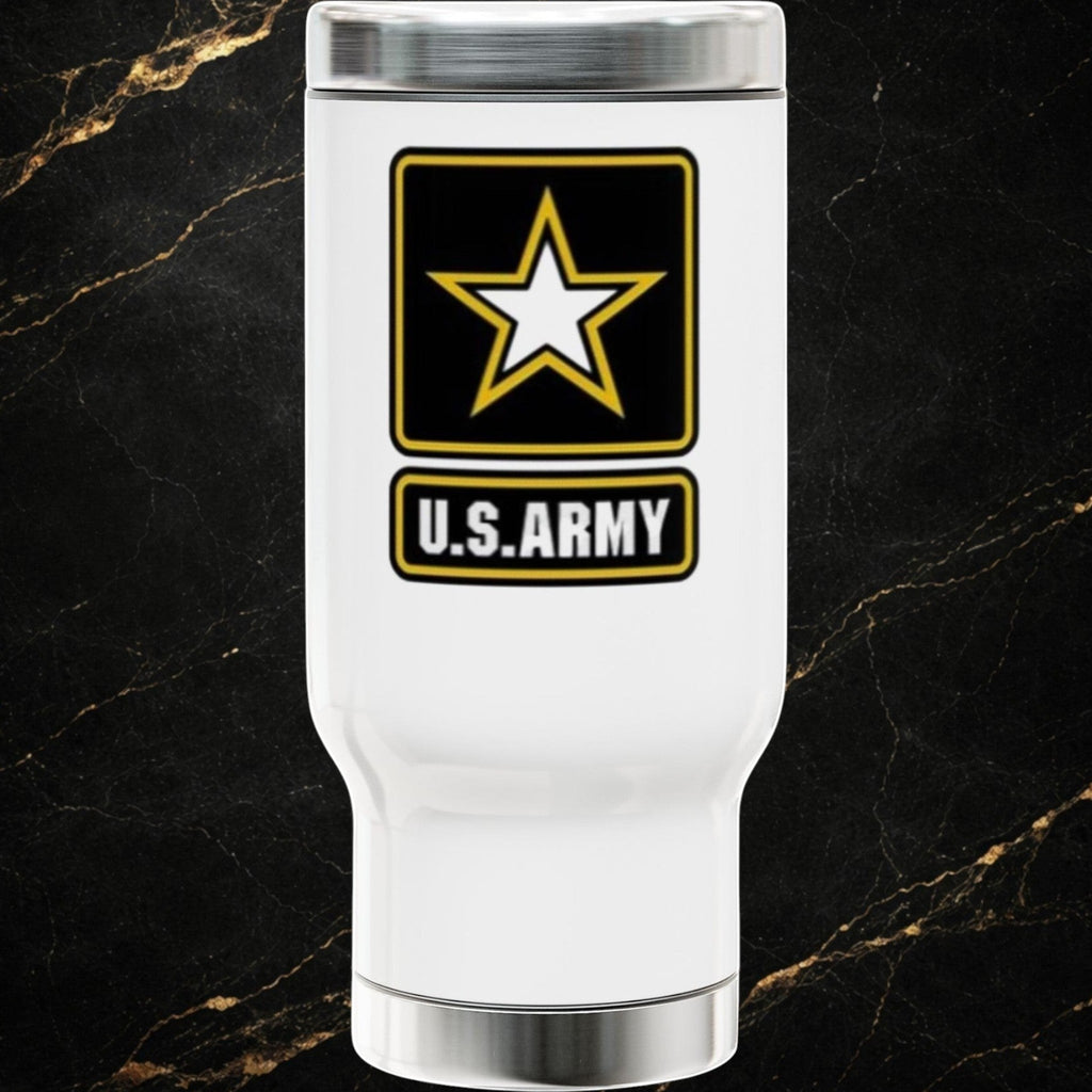Steal & Silk white 14oz stainless steel travel mug with U.S. Army emblem and handle.