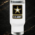 Steal & Silk white 14oz stainless steel travel mug with U.S. Army emblem and handle.