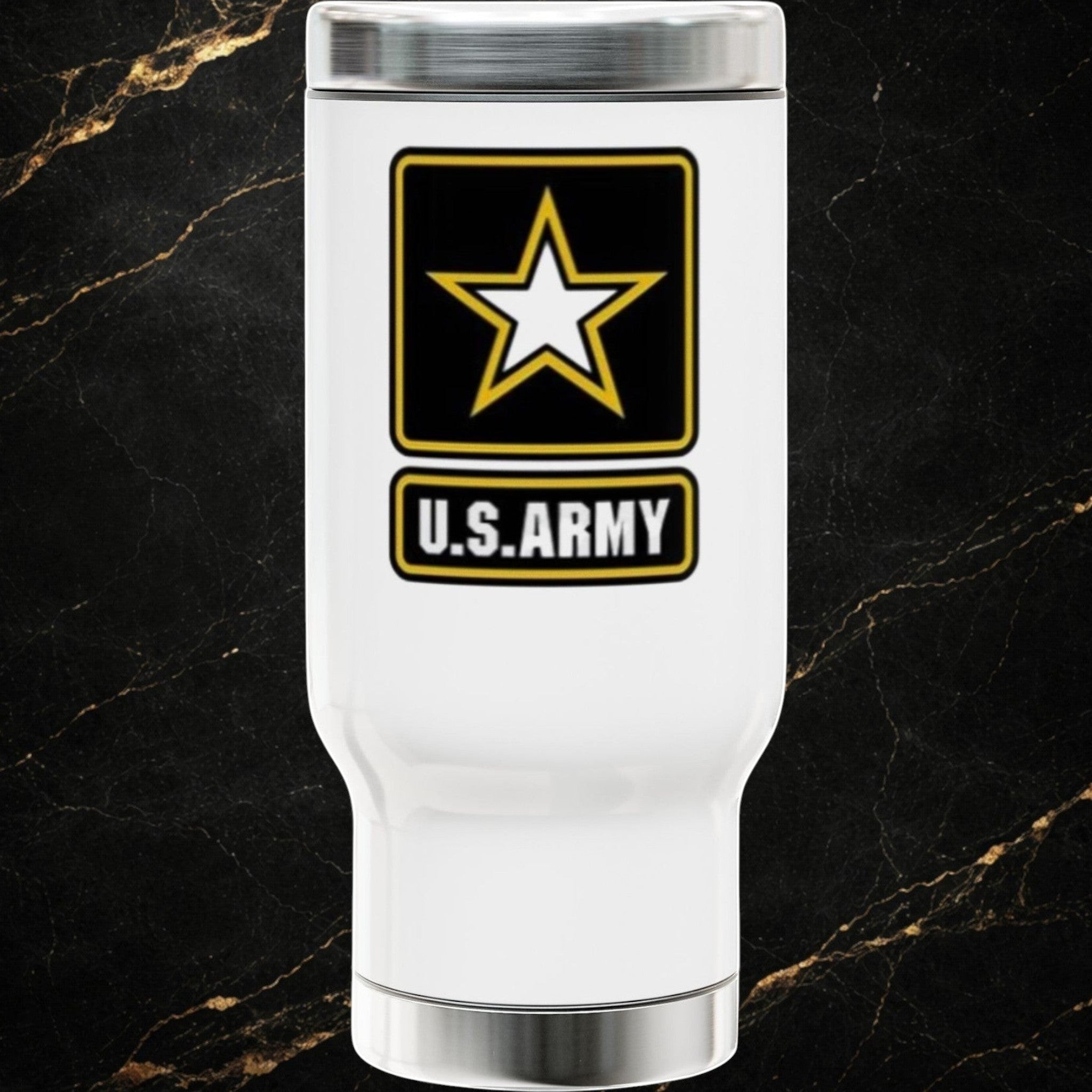 Steal & Silk white 14oz stainless steel travel mug with U.S. Army emblem and handle.