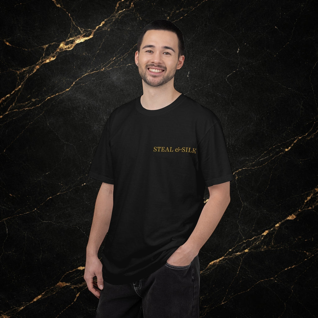 Steal & Silk black cotton t-shirt with gold embroidered logo on chest, modern fit.