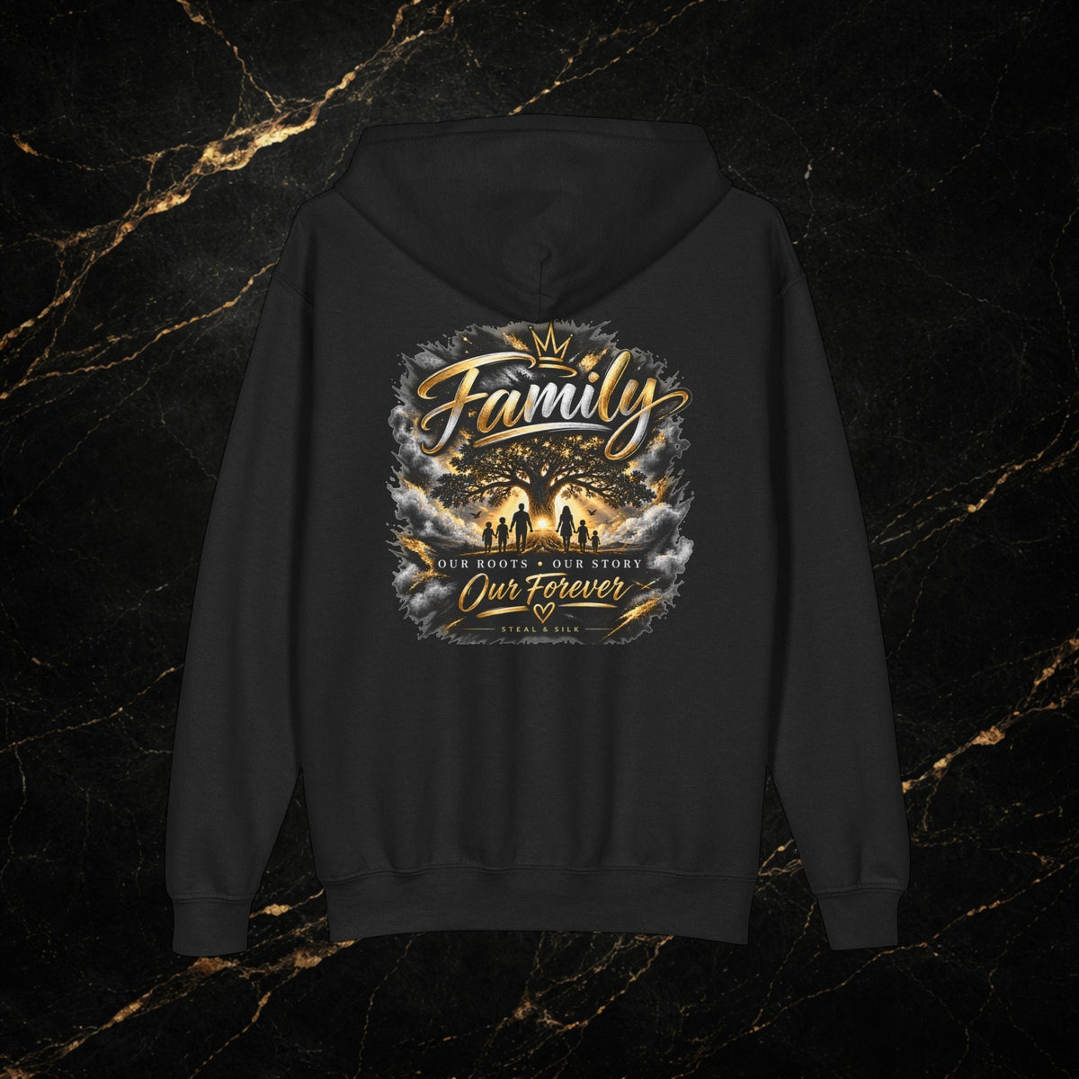 Steal & Silk black zip-up hoodie featuring a gold and white Tree of Life family graphic on the back