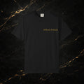 Steal & Silk black cotton t-shirt with gold "Handle With Force" heart graphic on the chest.