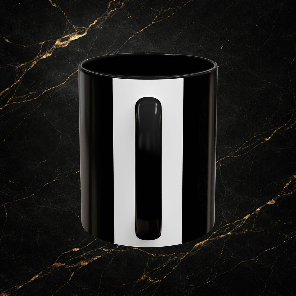 Steal & Silk black ceramic mug with a white vertical stripe and handle. Faith-inspired design.