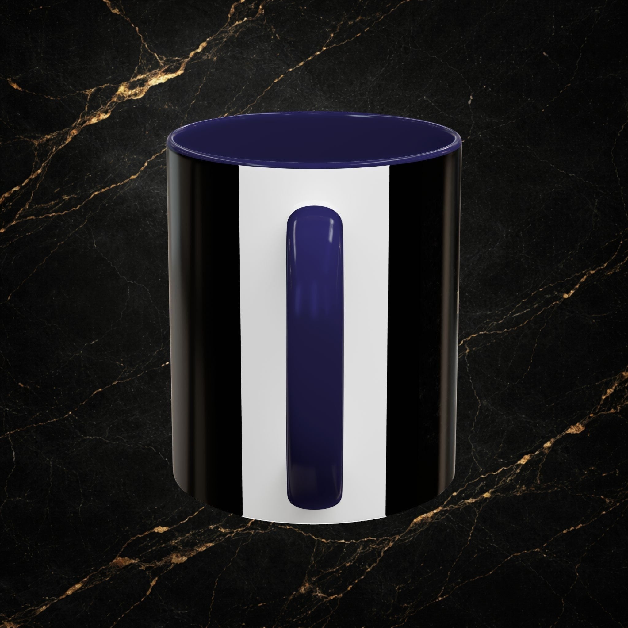 Steal & Silk black ceramic mug with white stripe and navy blue handle and interior. Faith-inspired design.