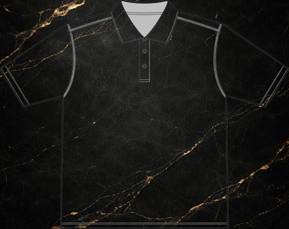 Steal & Silk black workwear polo shirt with anti-curl collar, moisture-wicking polyester, and reinforced stitching.