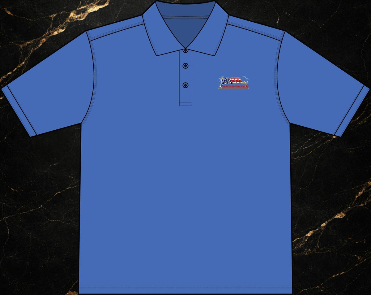 Steal & Silk blue moisture-wicking work polo with embroidered American flag chest logo and anti-curl collar