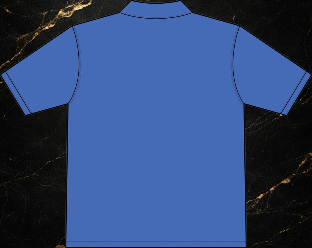 Back view of a Steal & Silk blue moisture-wicking workwear polo shirt with a clean, durable polyester design.